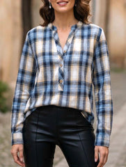 V Neck Plaid Button Casual Shirt