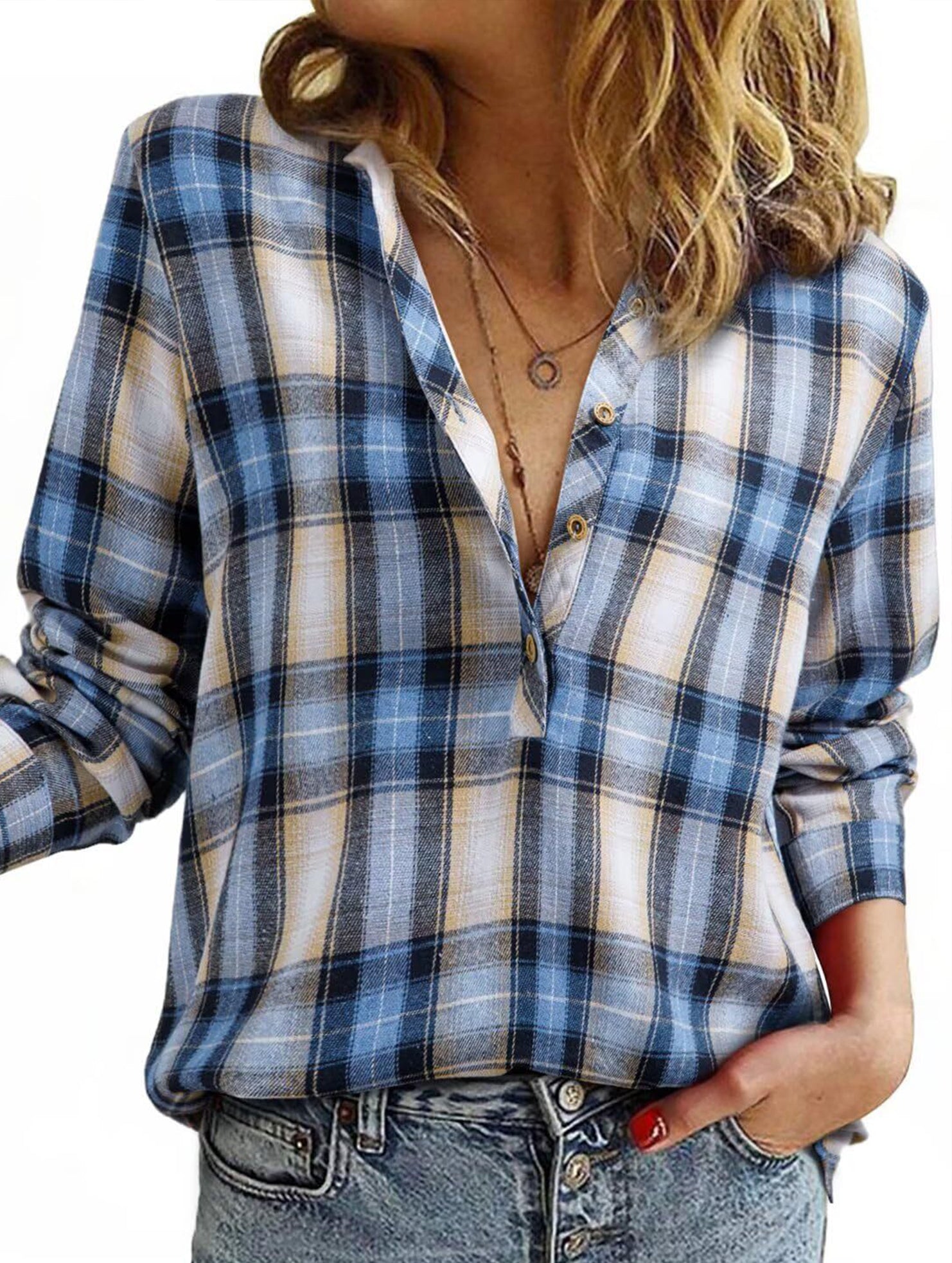 V Neck Plaid Button Casual Shirt