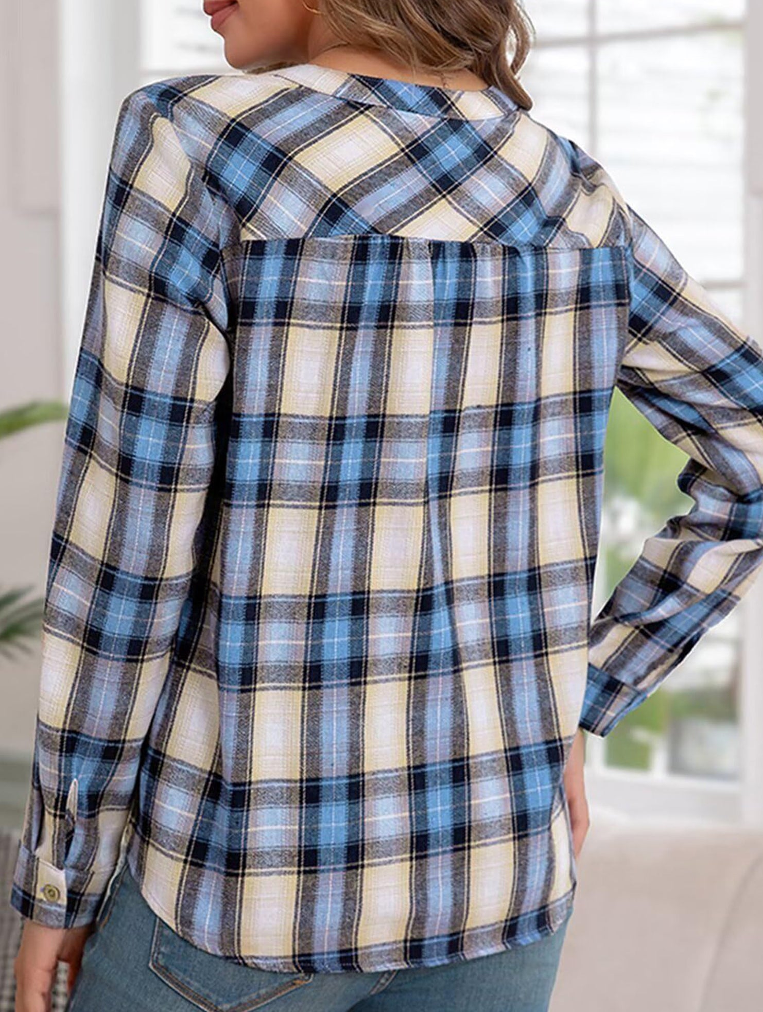 V Neck Plaid Button Casual Shirt