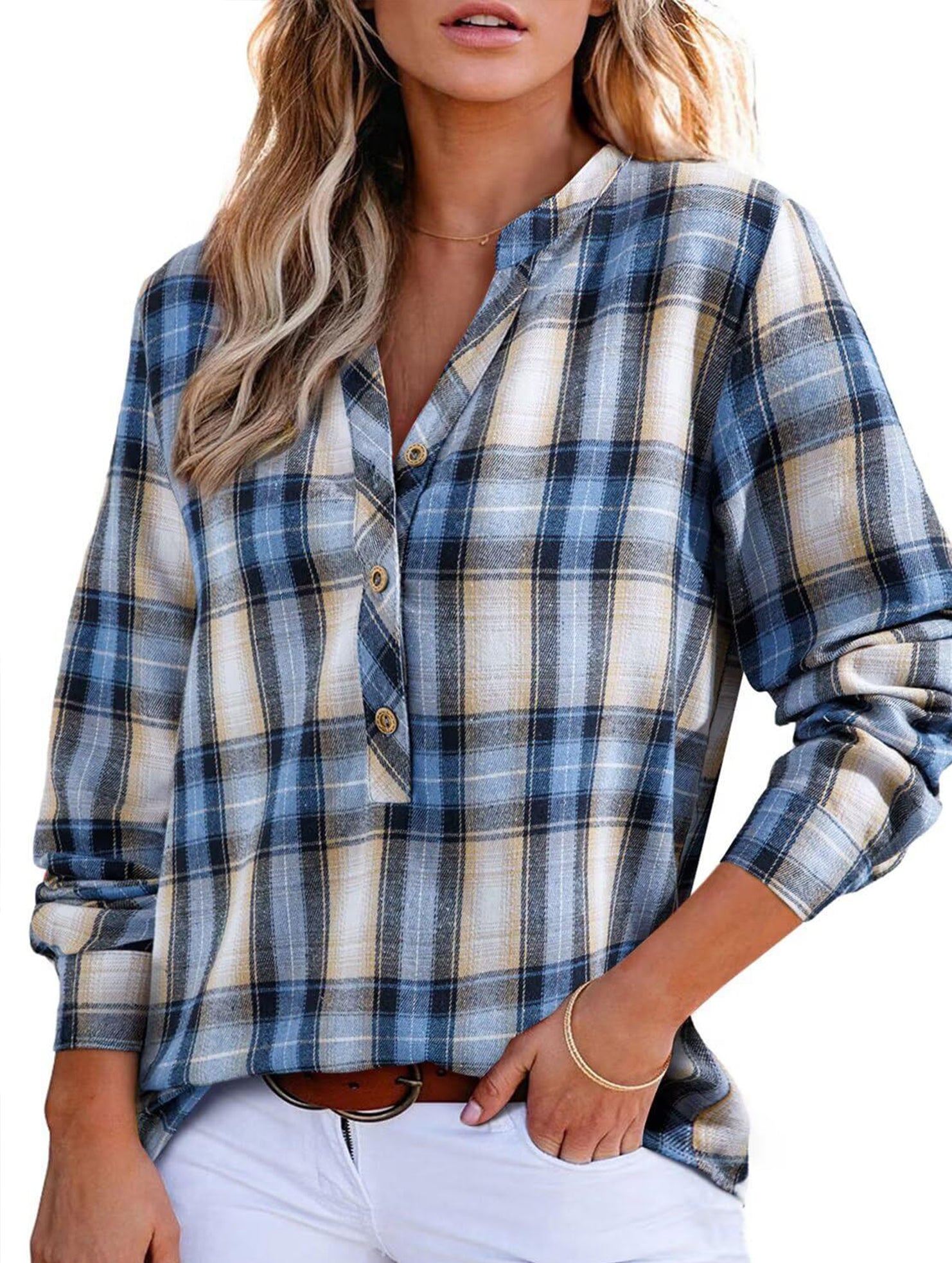 V Neck Plaid Button Casual Shirt
