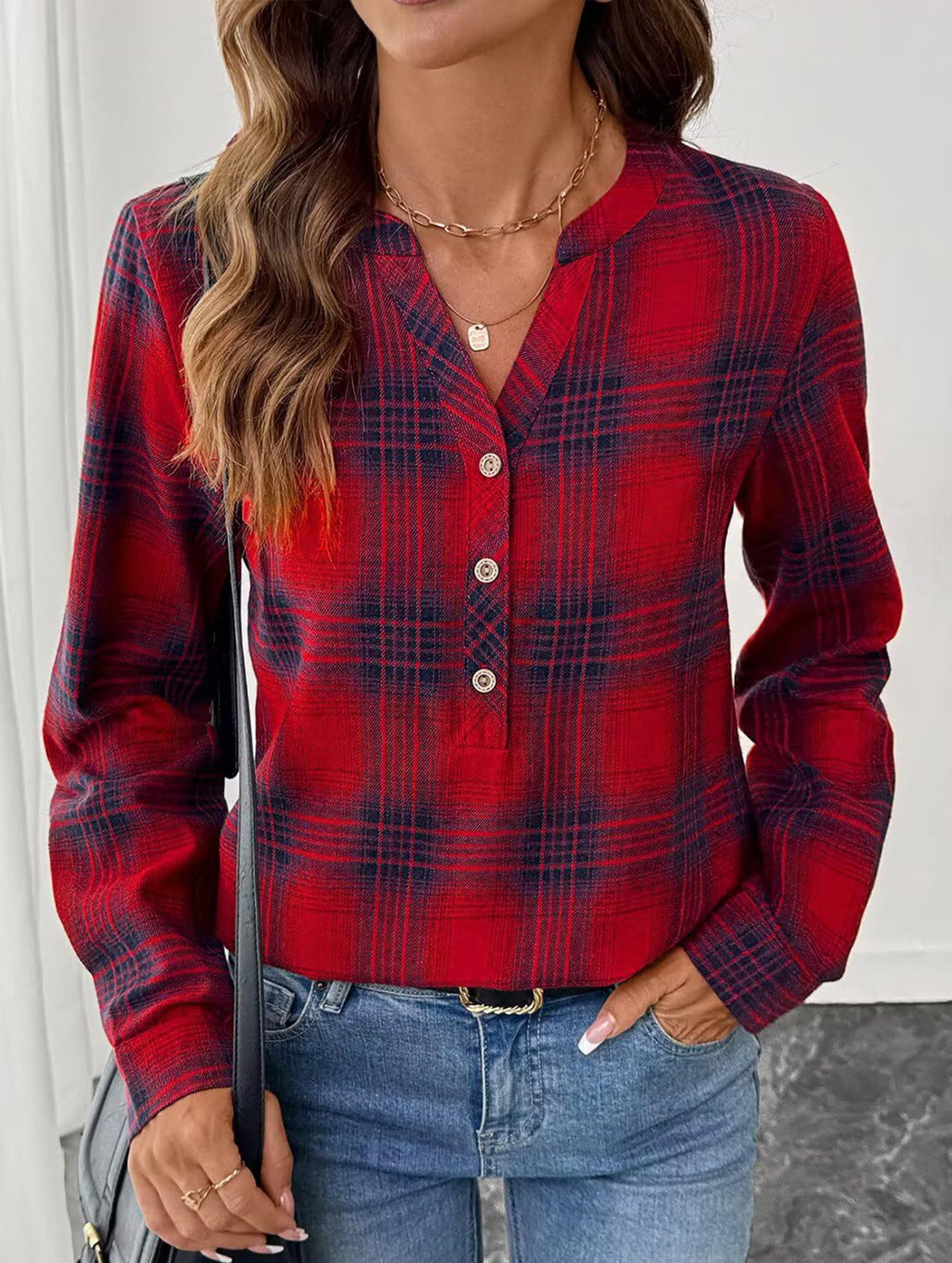 V Neck Plaid Button Casual Shirt