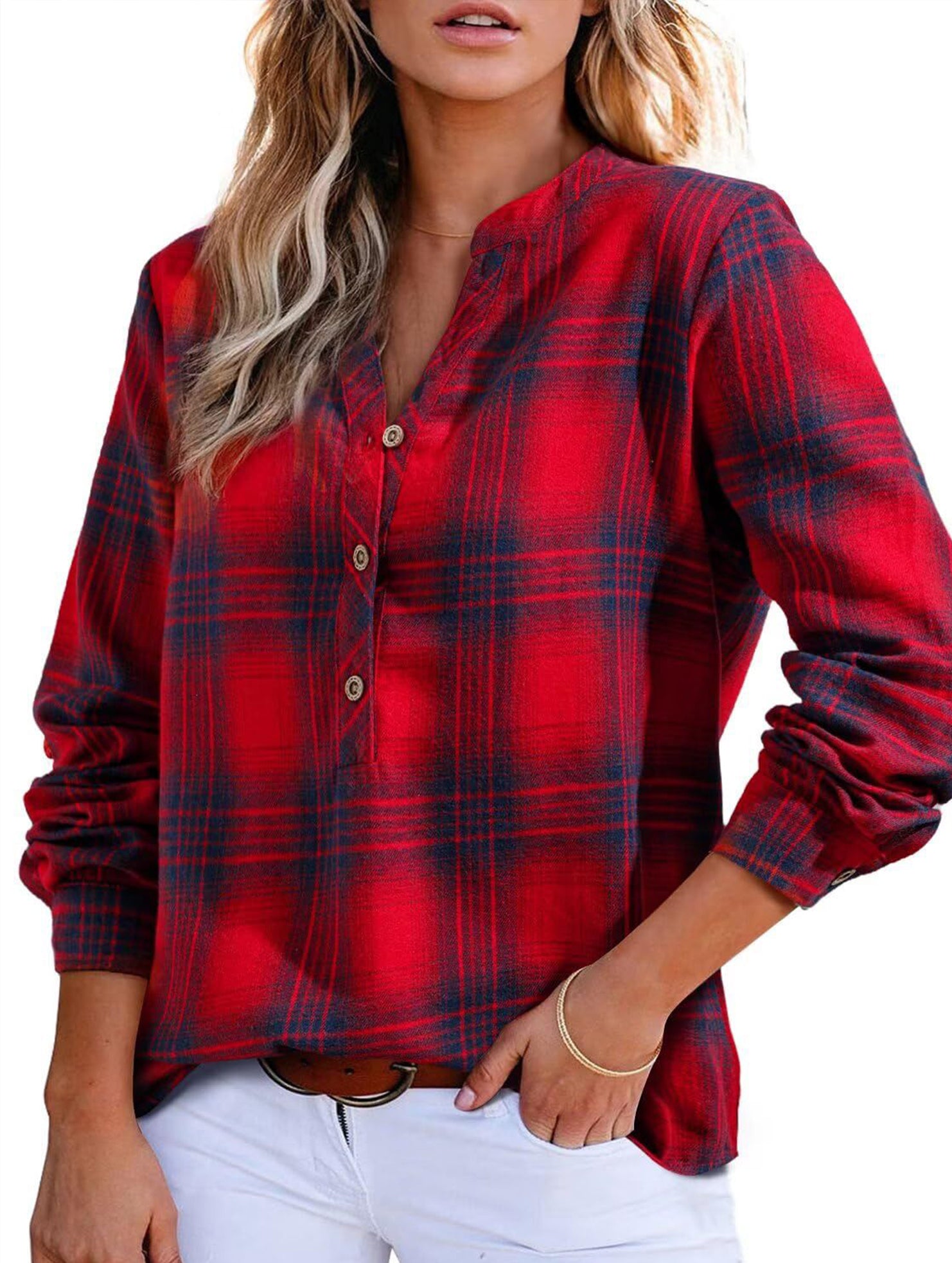V Neck Plaid Button Casual Shirt