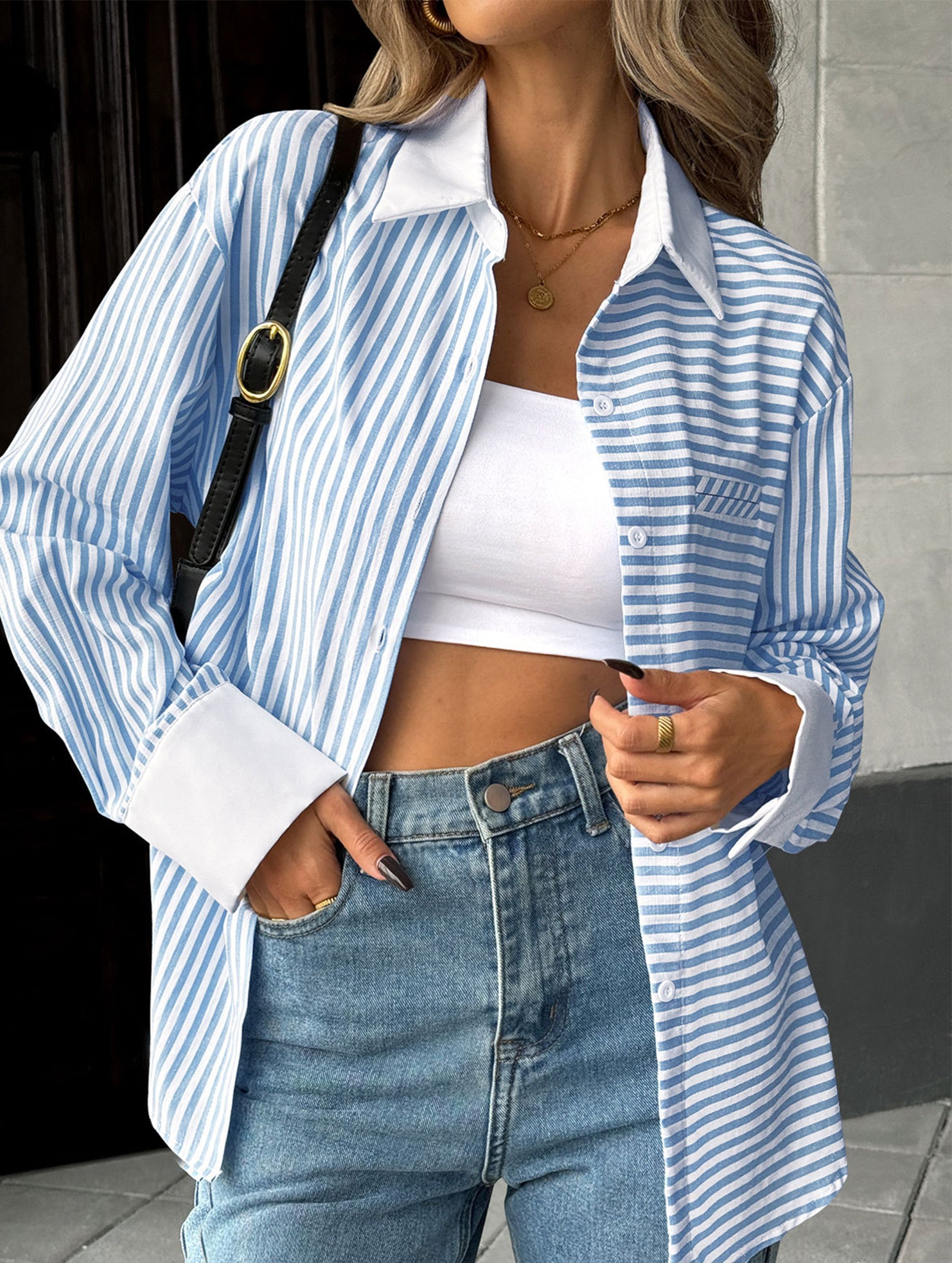 Colorblock Stripe Button Down Shirt_CWTSTL01280