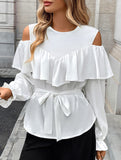 Elegant Satin Ruffle Off Shoulder Long Sleeve Shirt