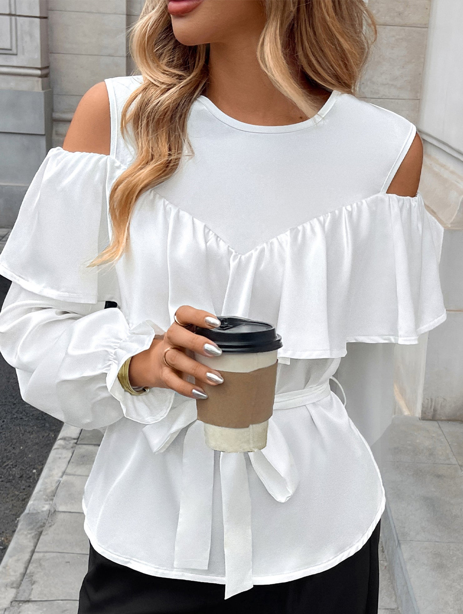 Elegant Satin Ruffle Off Shoulder Long Sleeve Shirt