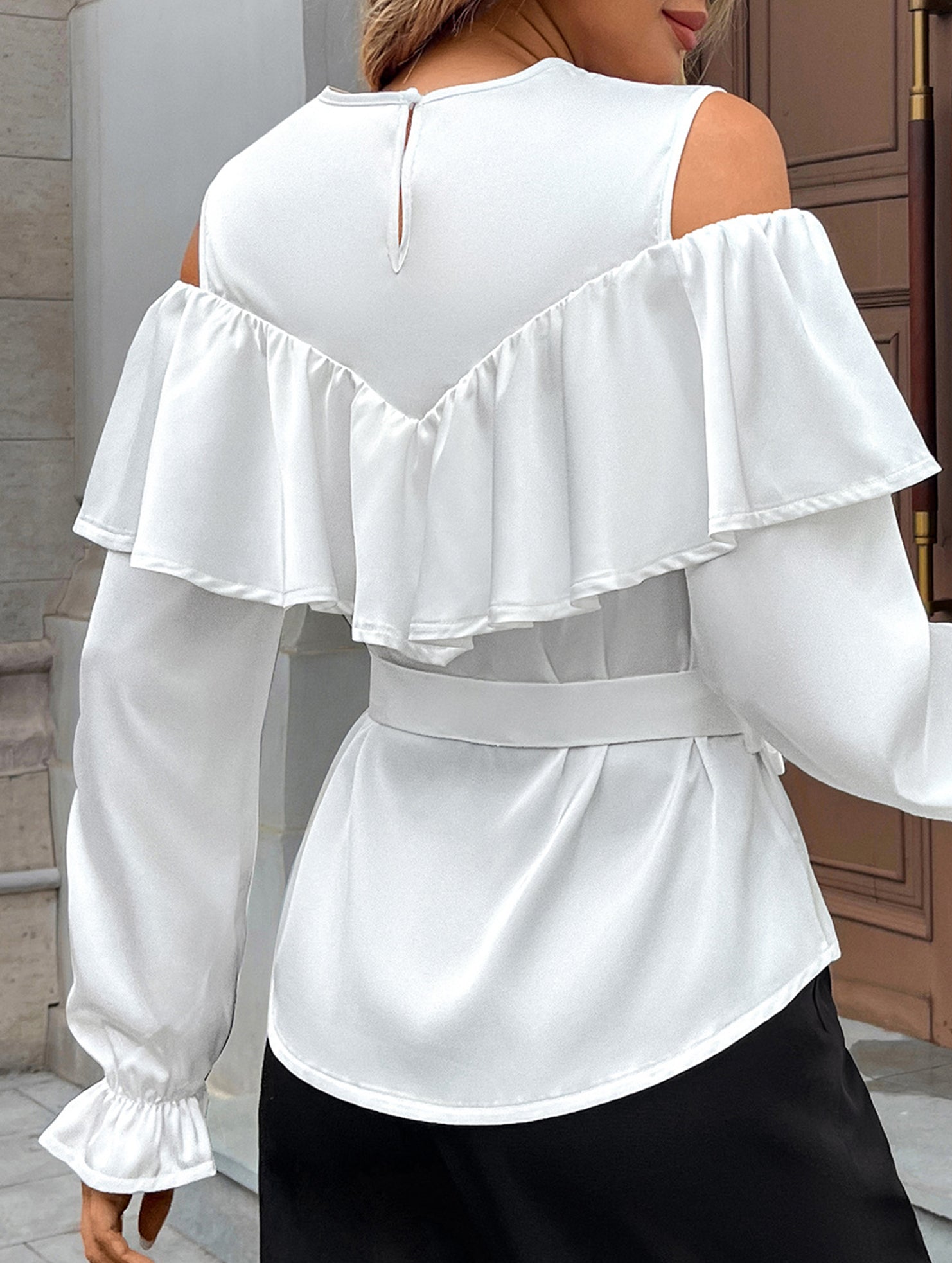 Elegant Satin Ruffle Off Shoulder Long Sleeve Shirt