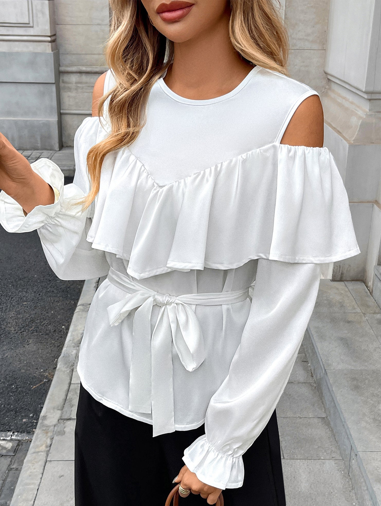 Elegant Satin Ruffle Off Shoulder Long Sleeve Shirt