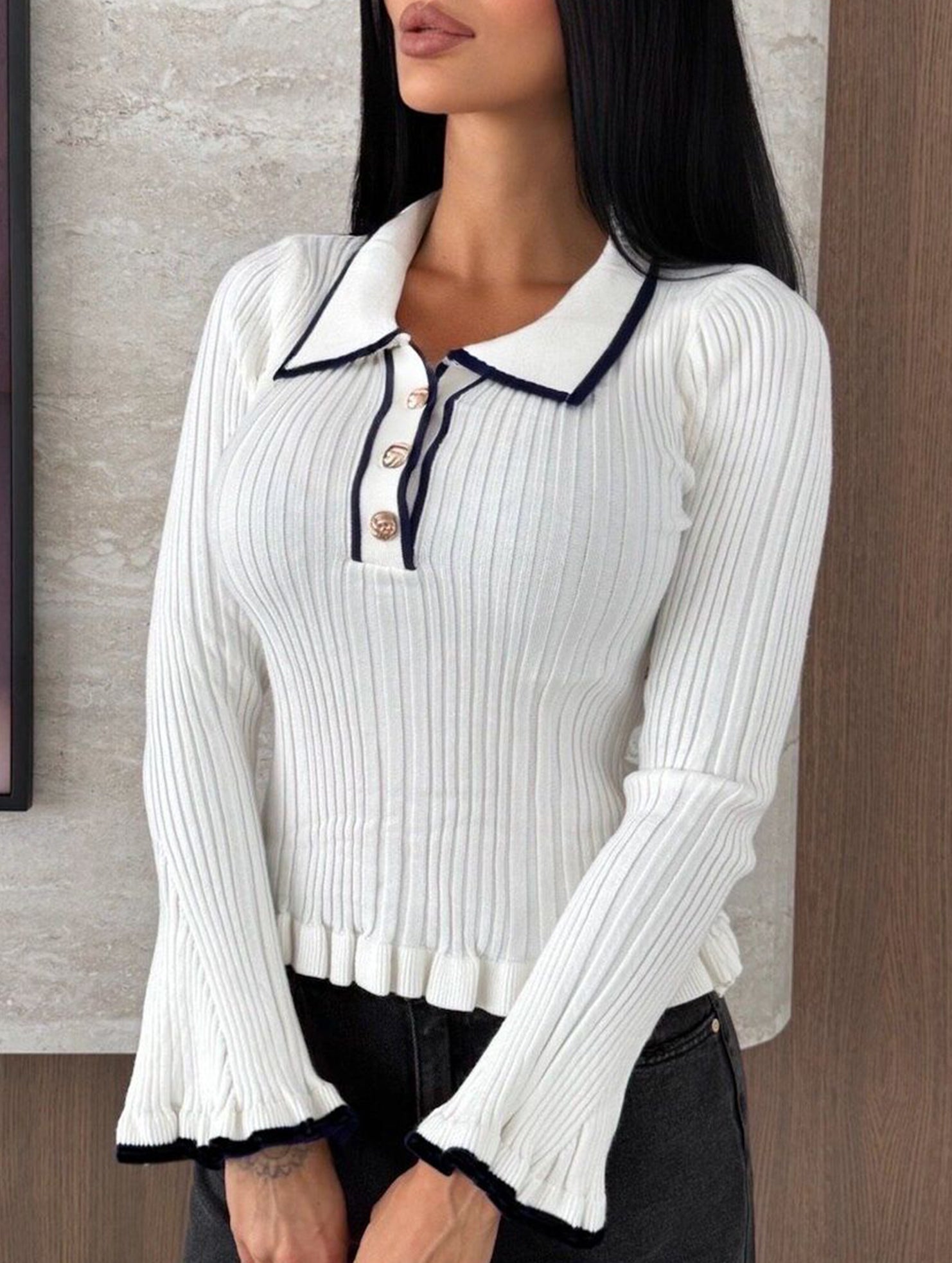 Women's collared ruffled fitted color-blocked knit top_CWTSTL01299