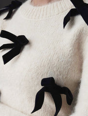 Women's Solid Color Plush Pullover Knit Top with Bow_CWTSTL01300