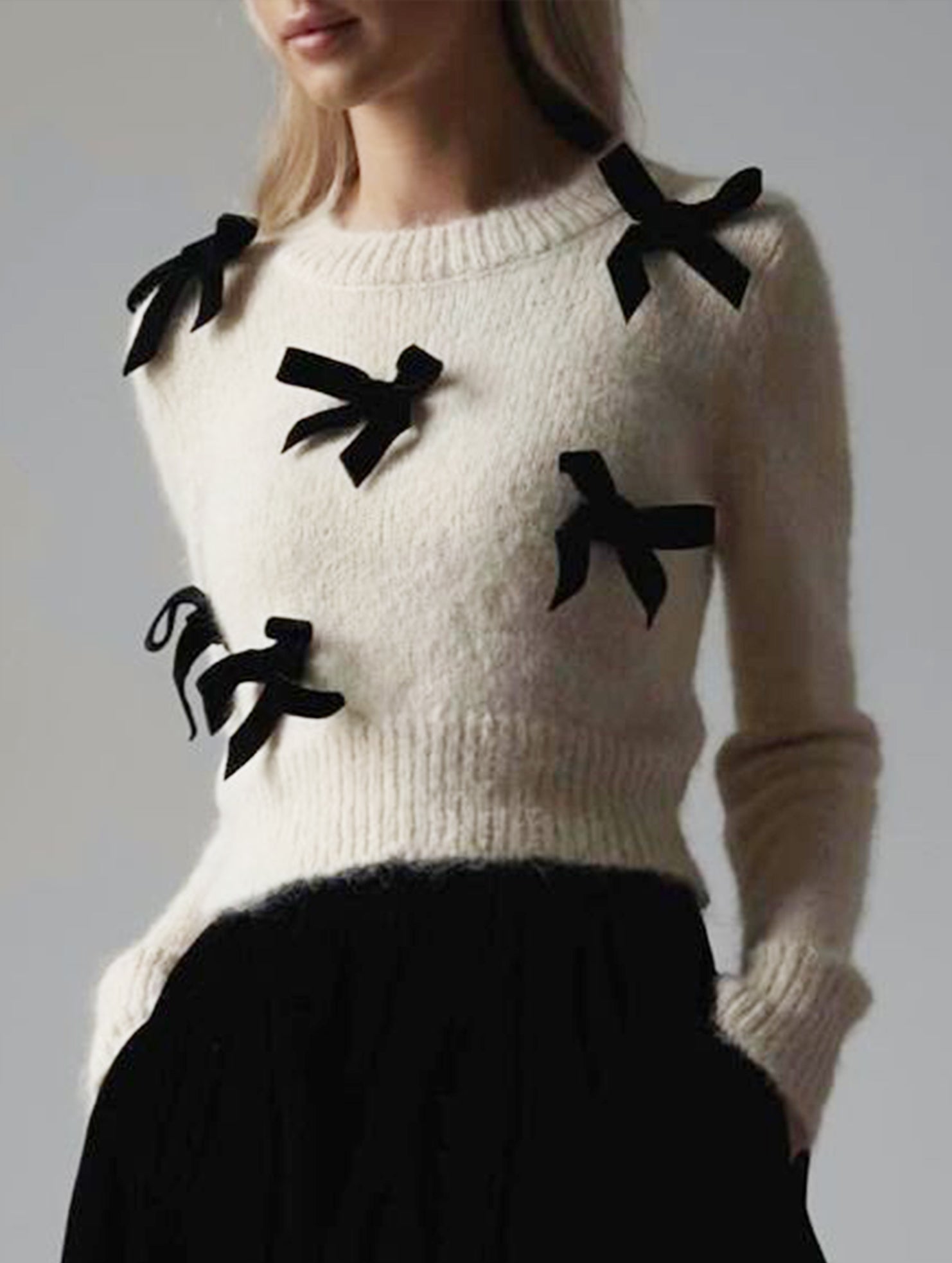 Women's Solid Color Plush Pullover Knit Top with Bow_CWTSTL01300