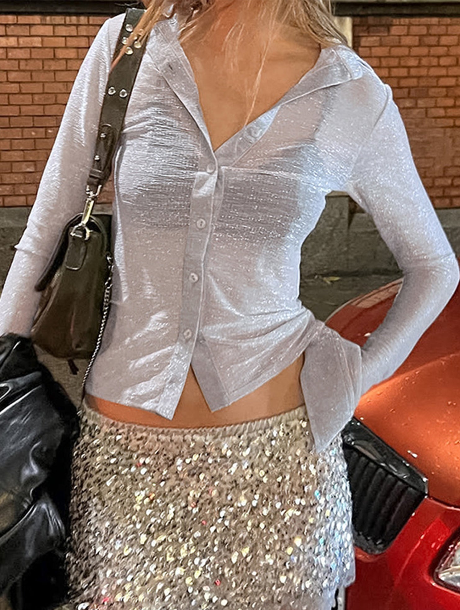 Women's long-sleeved cardigan with subtle shimmer