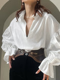 Court-style pleated puff sleeve blouse for women_CWTSTL01307