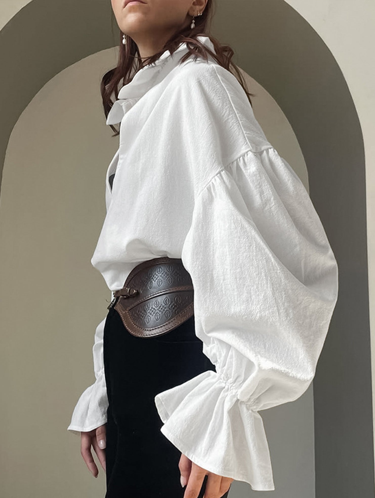 Court-style pleated puff sleeve blouse for women_CWTSTL01307