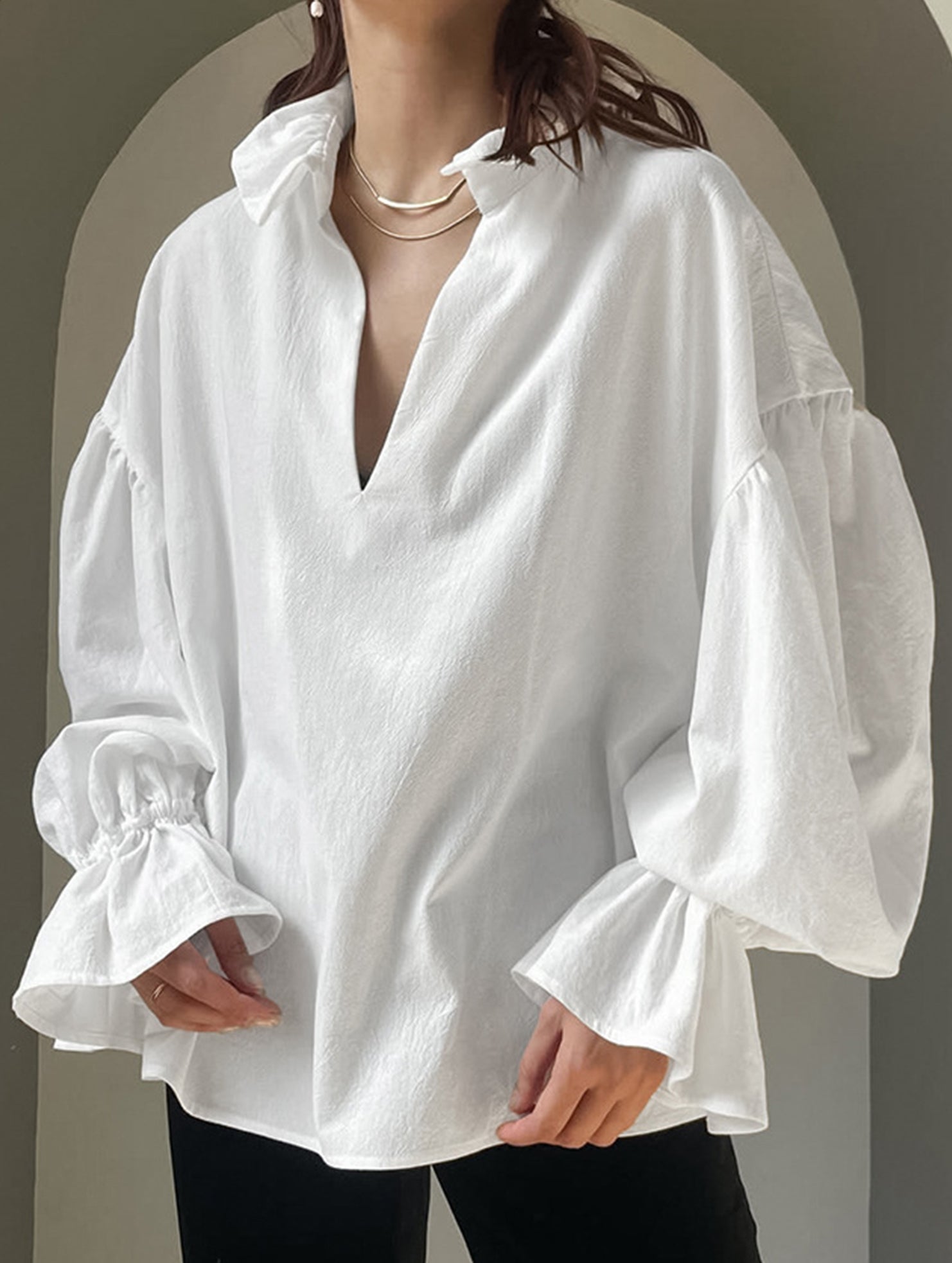 Court-style pleated puff sleeve blouse for women_CWTSTL01307