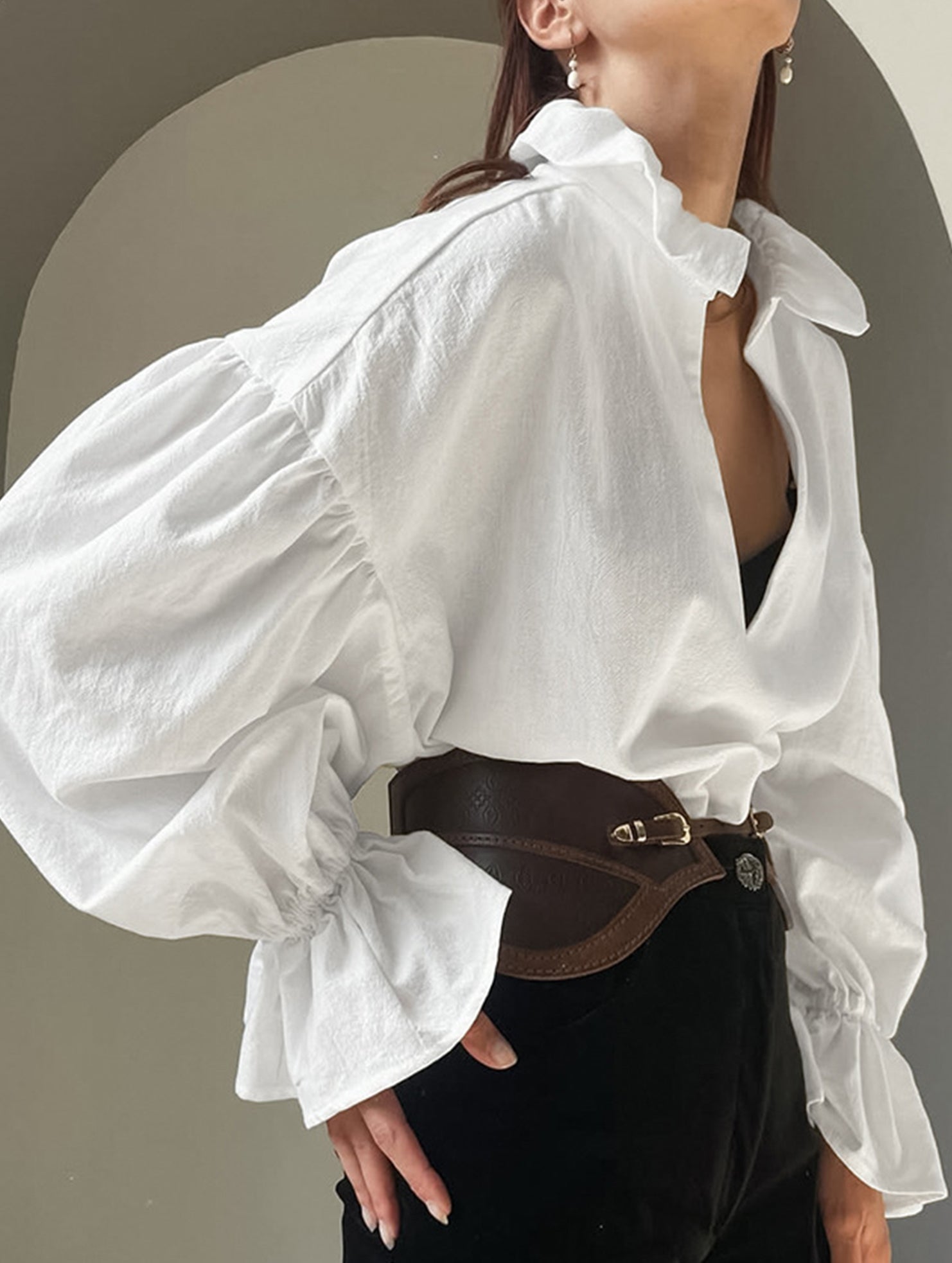 Court-style pleated puff sleeve blouse for women_CWTSTL01307