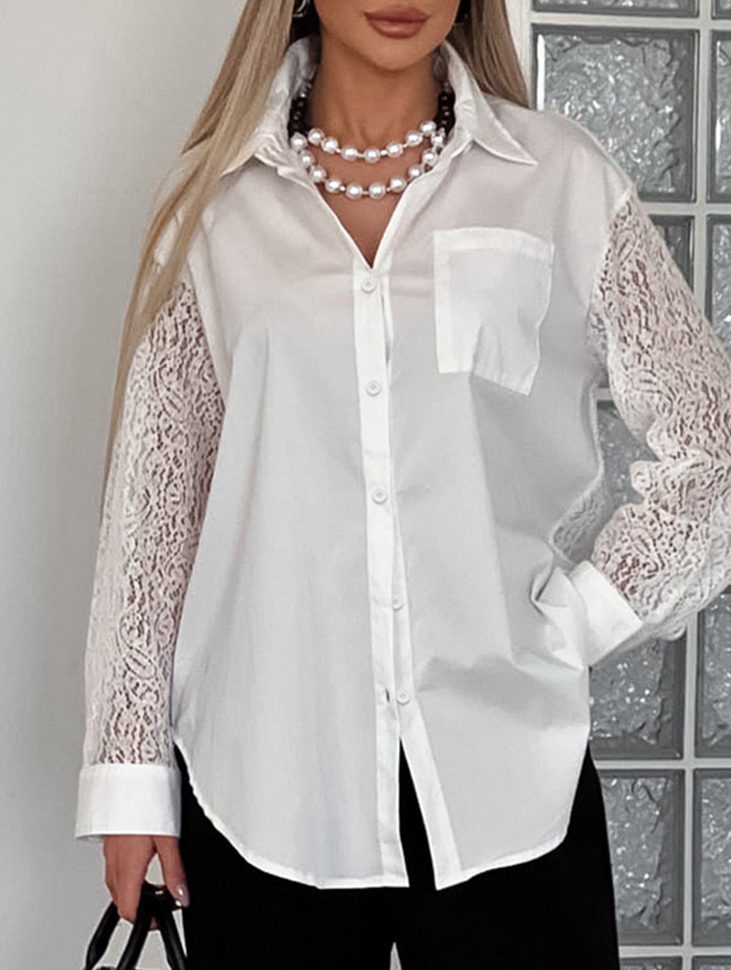 Elegant white lace-trimmed collared women's blouse_CWTSTL01309