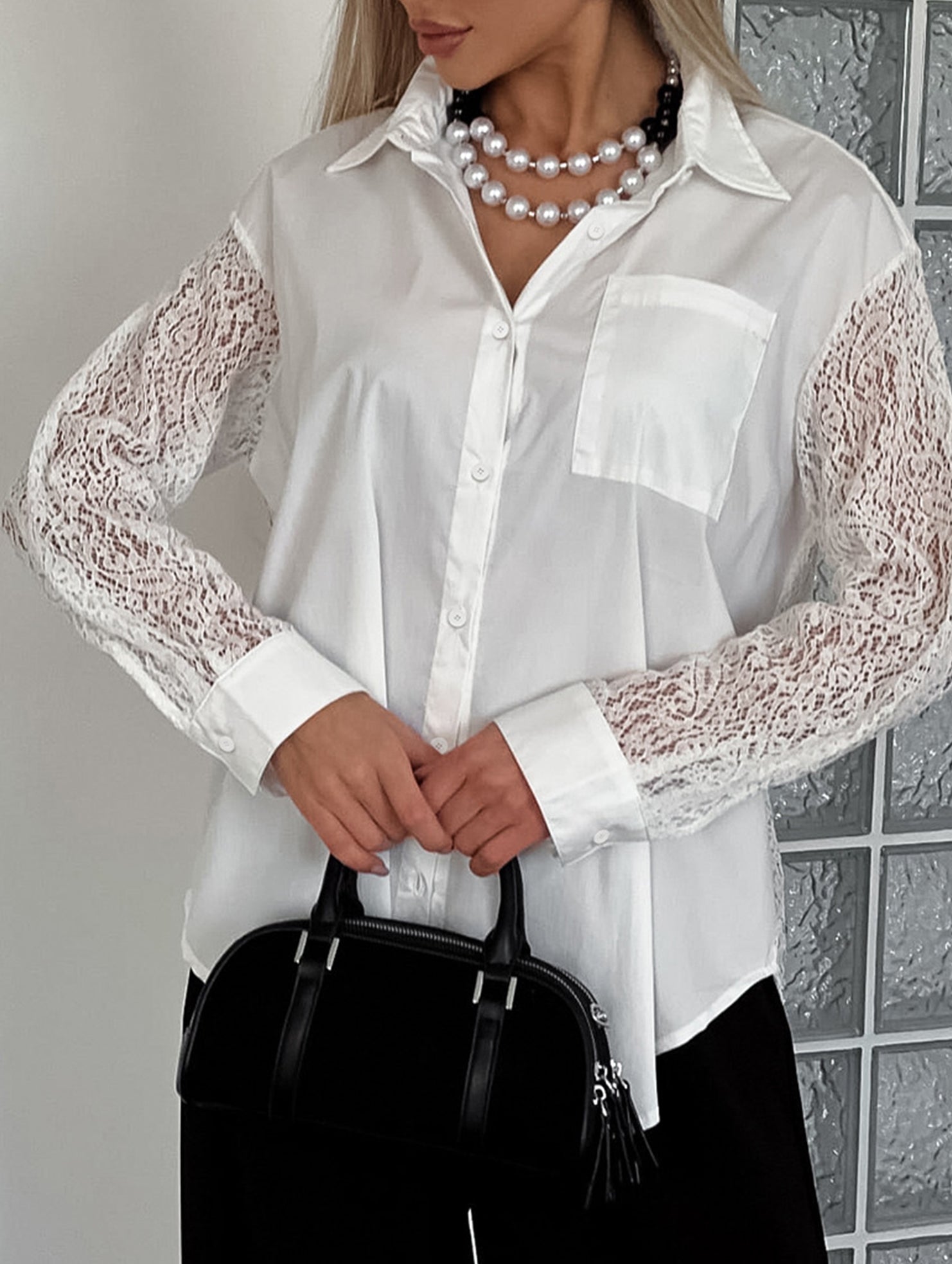 Elegant white lace-trimmed collared women's blouse_CWTSTL01309