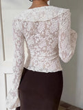French-style lace bell sleeve ruffle top for women_CWTSTL01310