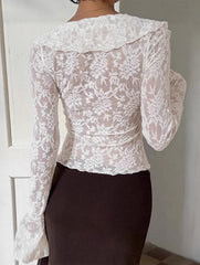 French-style lace bell sleeve ruffle top for women_CWTSTL01310