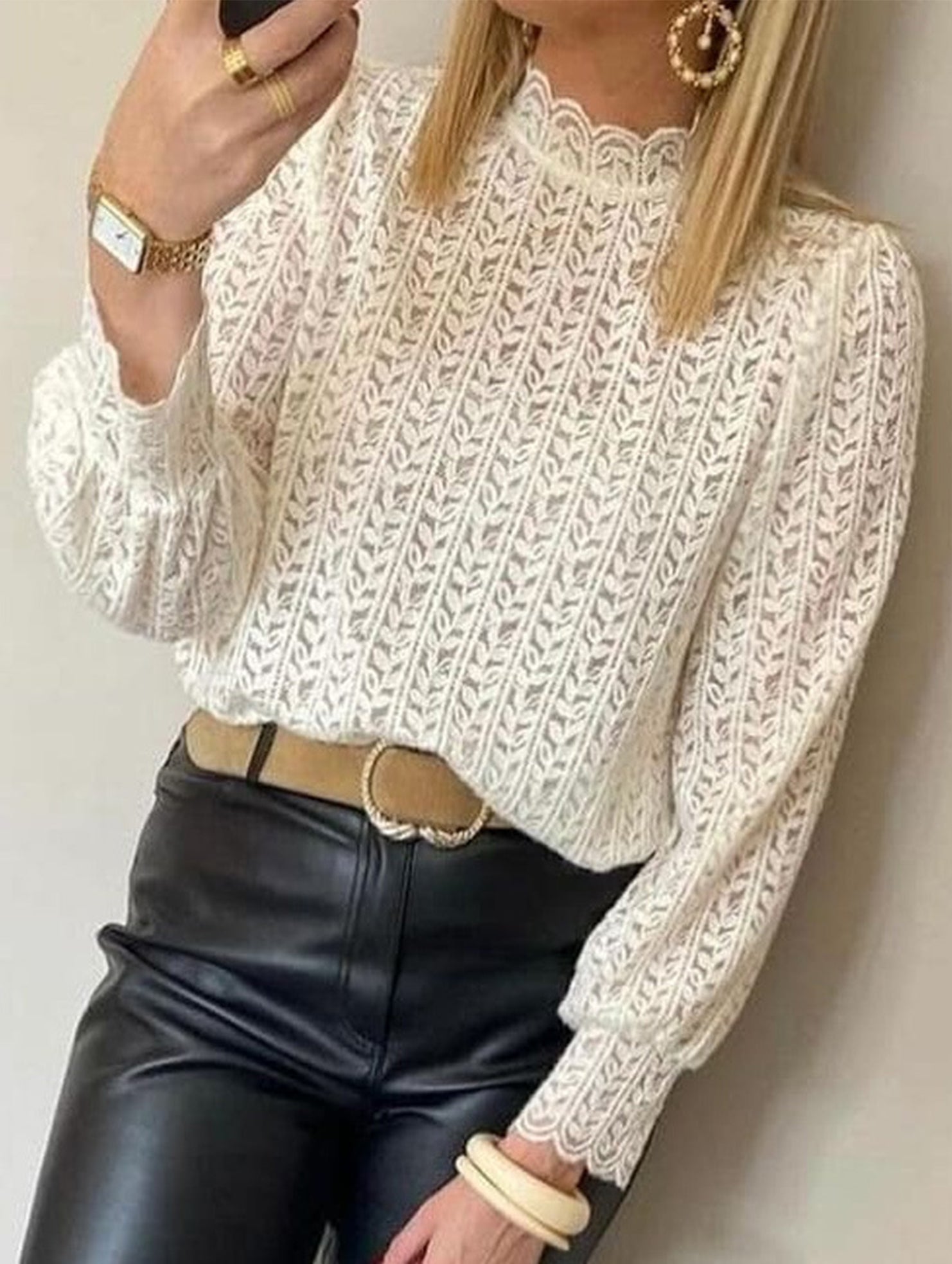 Women's layered lace fitted flared sleeve top_CWTSTL01313