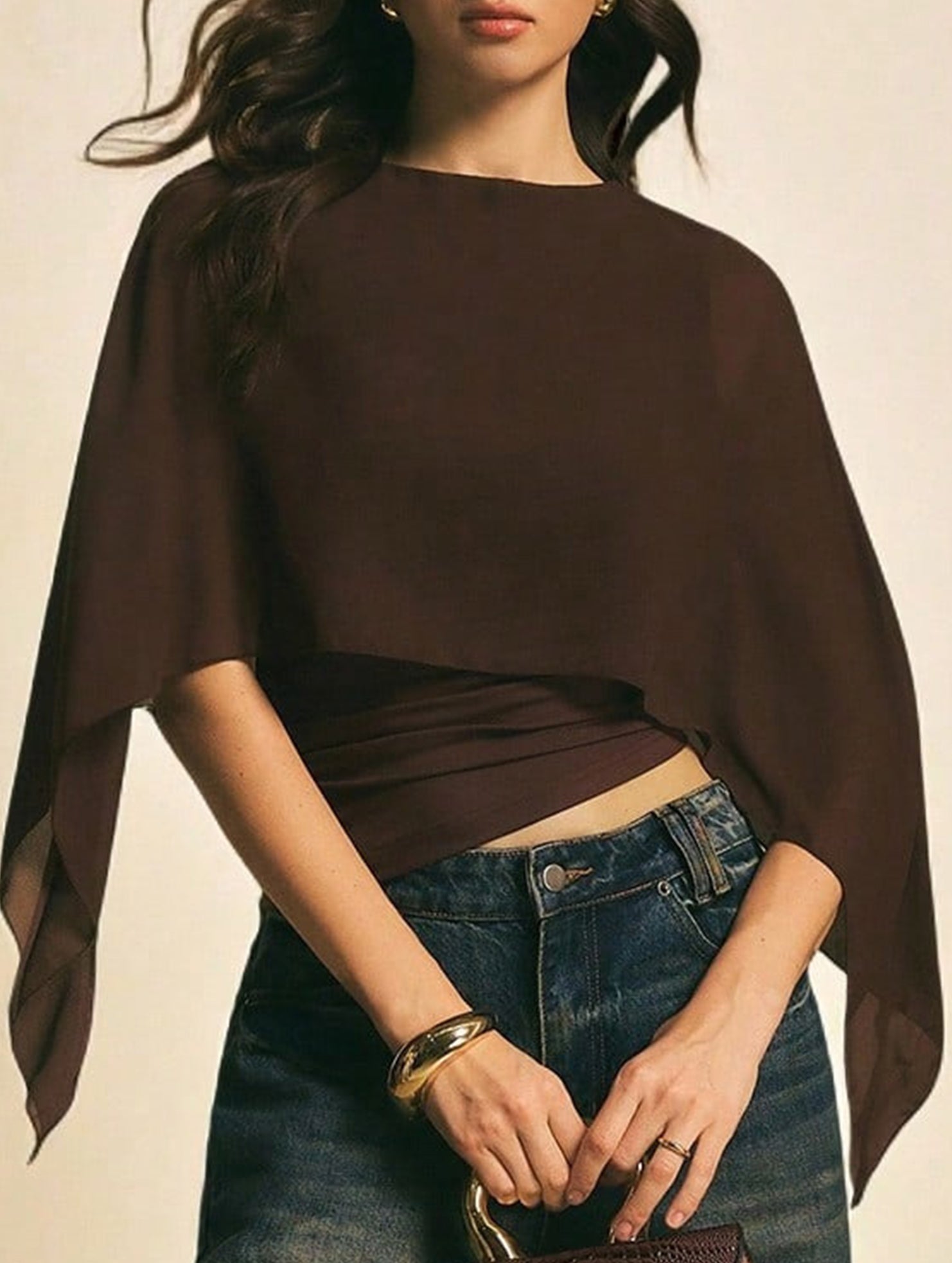 Chiffon cape-sleeve cover-up slim-fit irregular T-shirt_CWTSTL01314