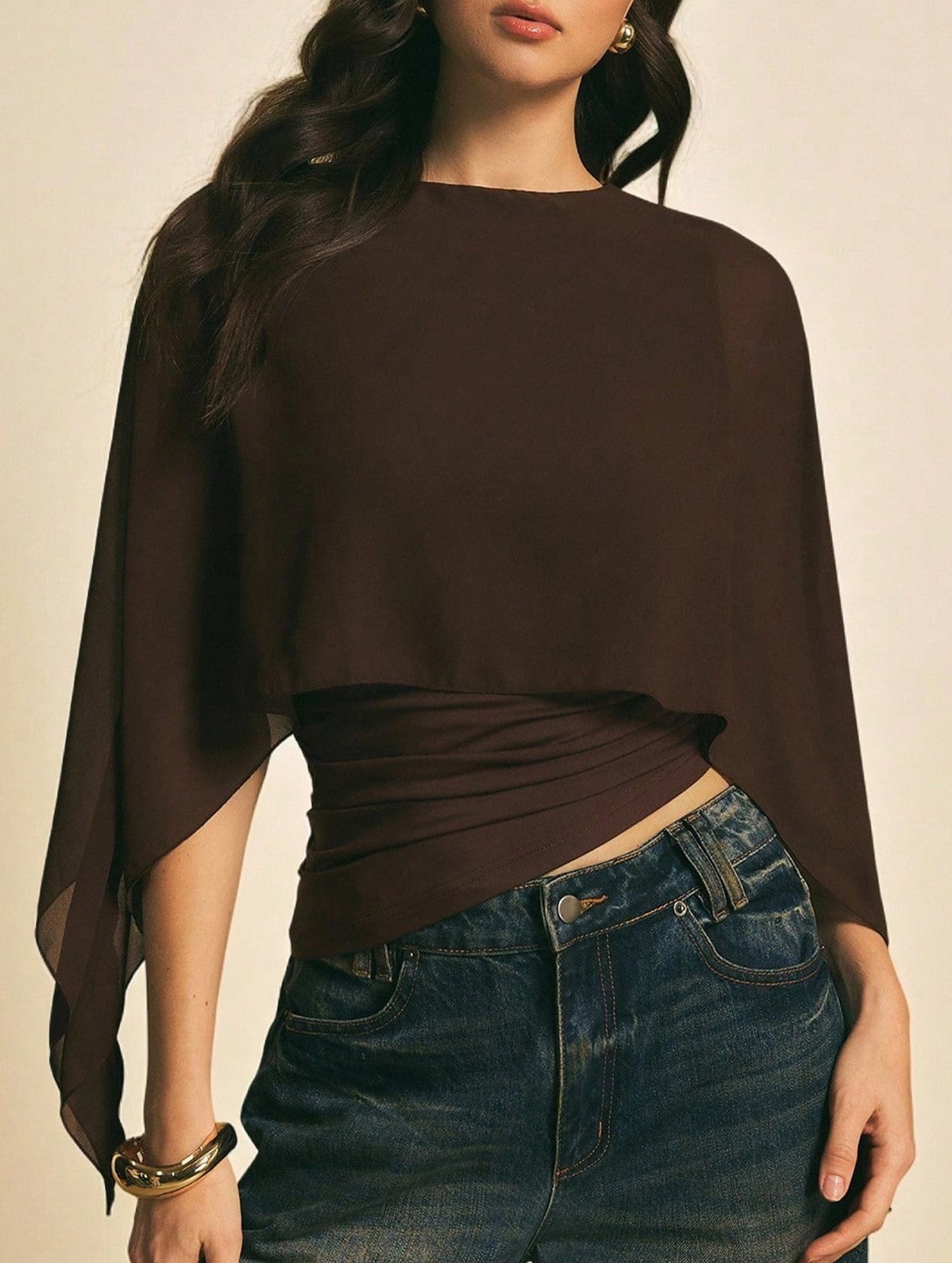 Chiffon cape-sleeve cover-up slim-fit irregular T-shirt_CWTSTL01314