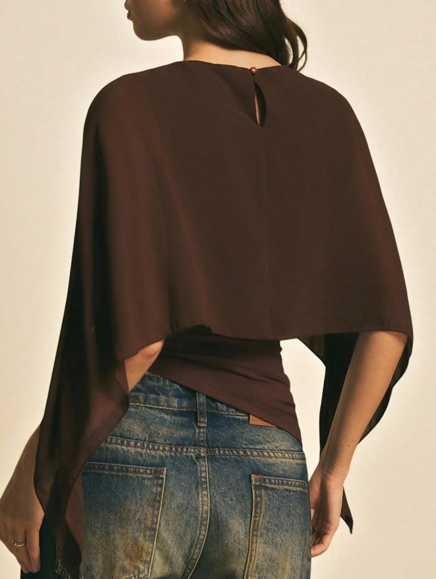 Chiffon cape-sleeve cover-up slim-fit irregular T-shirt_CWTSTL01314