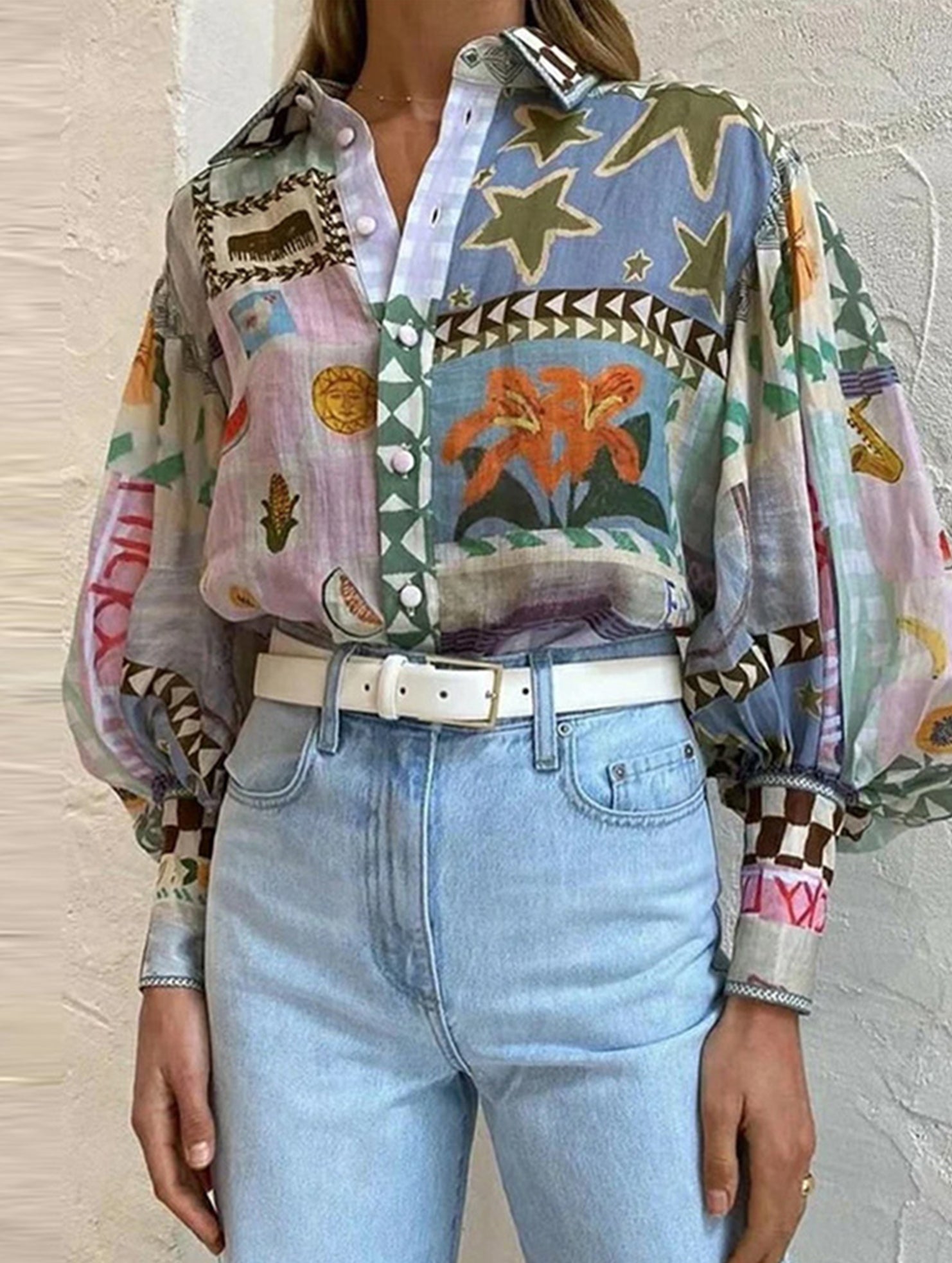 Elegant printed and painted blouse for women_CWTSTL01318
