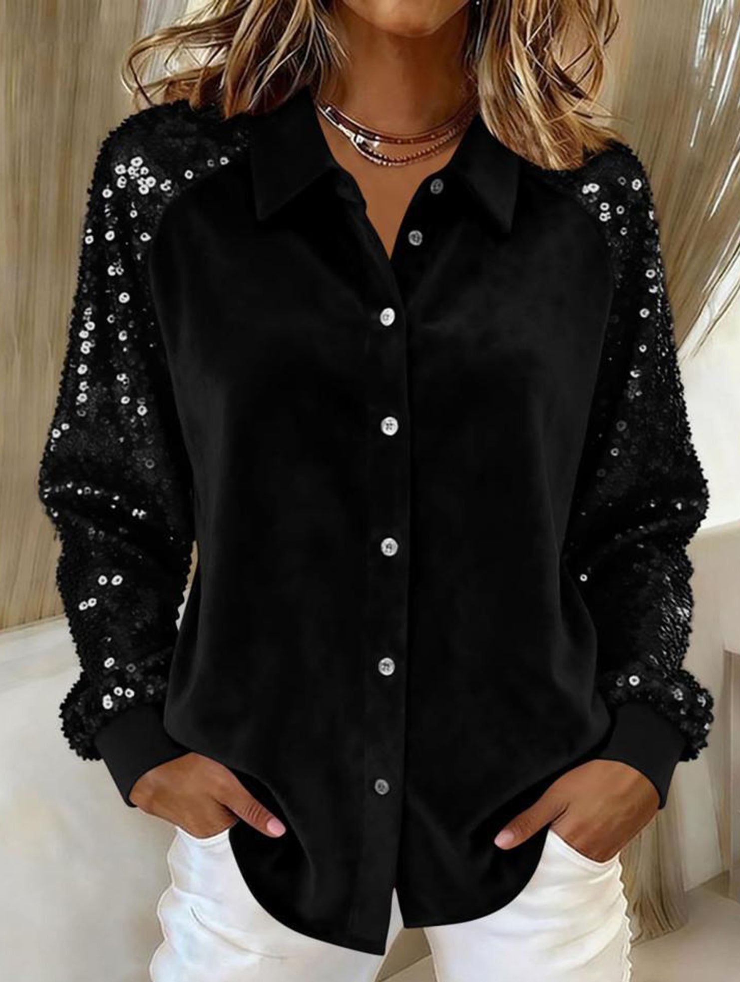 Women's sequined velvet loose-fitting shirt