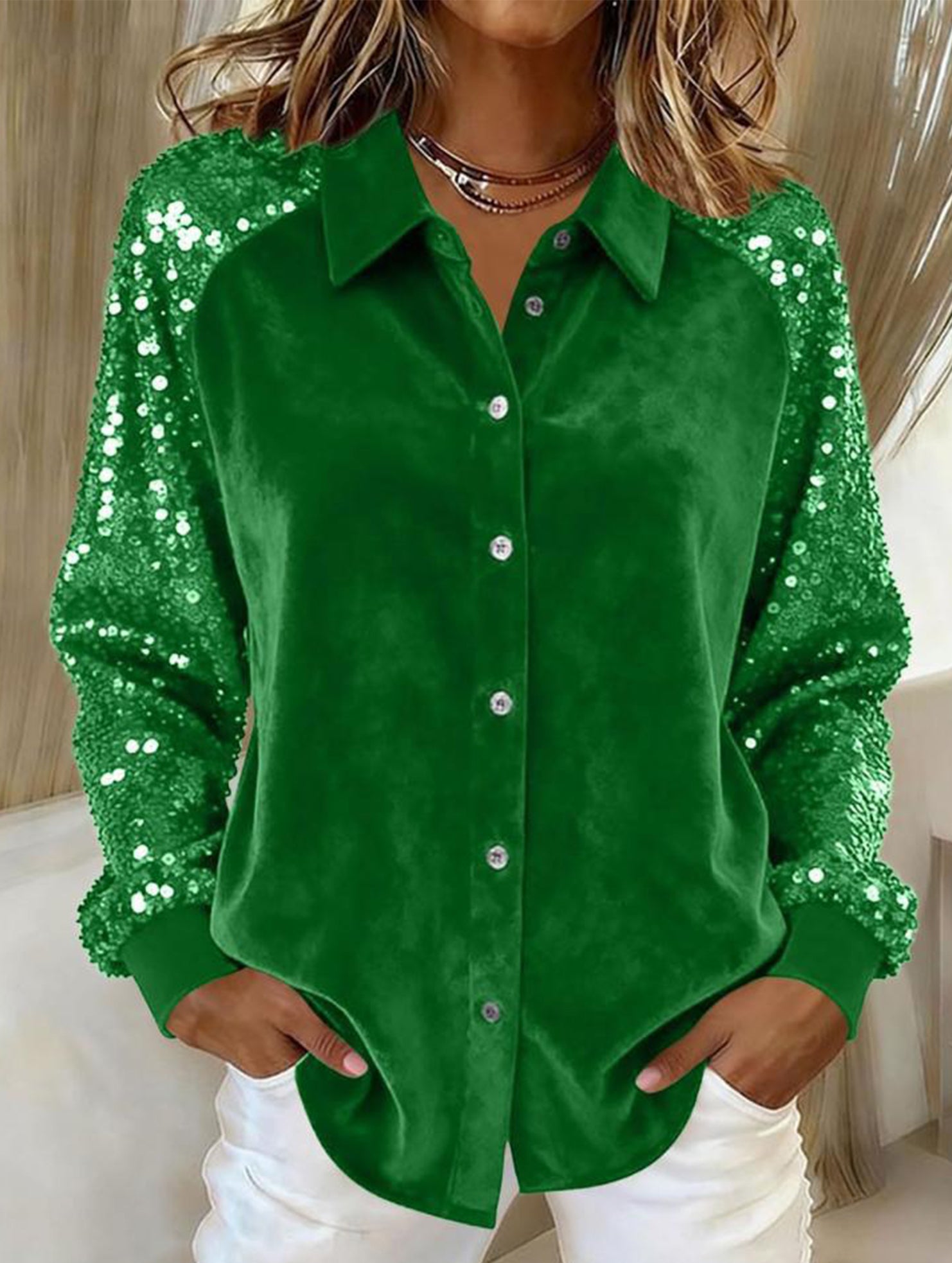 Women's sequined velvet loose-fitting shirt