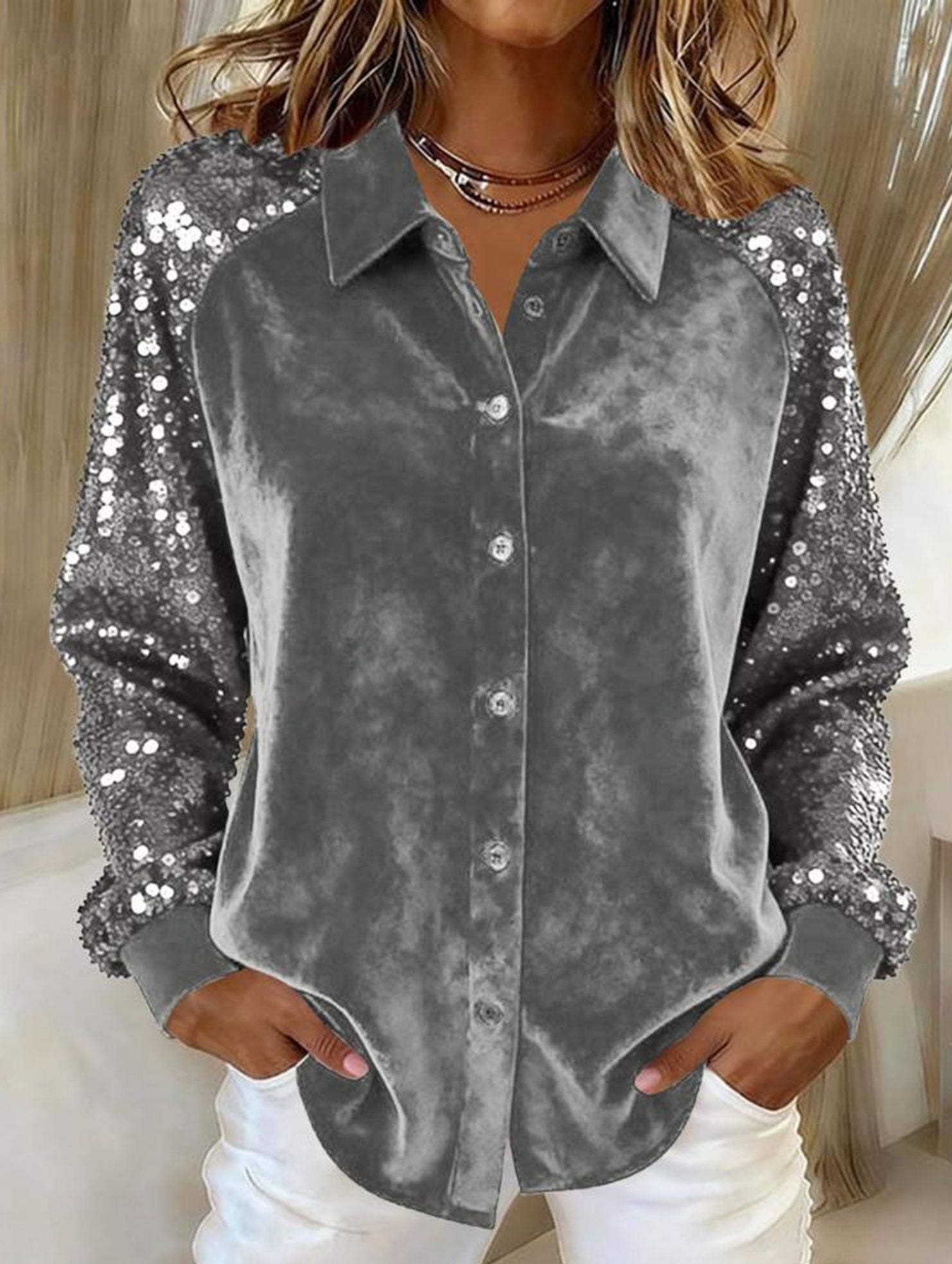Women's sequined velvet loose-fitting shirt