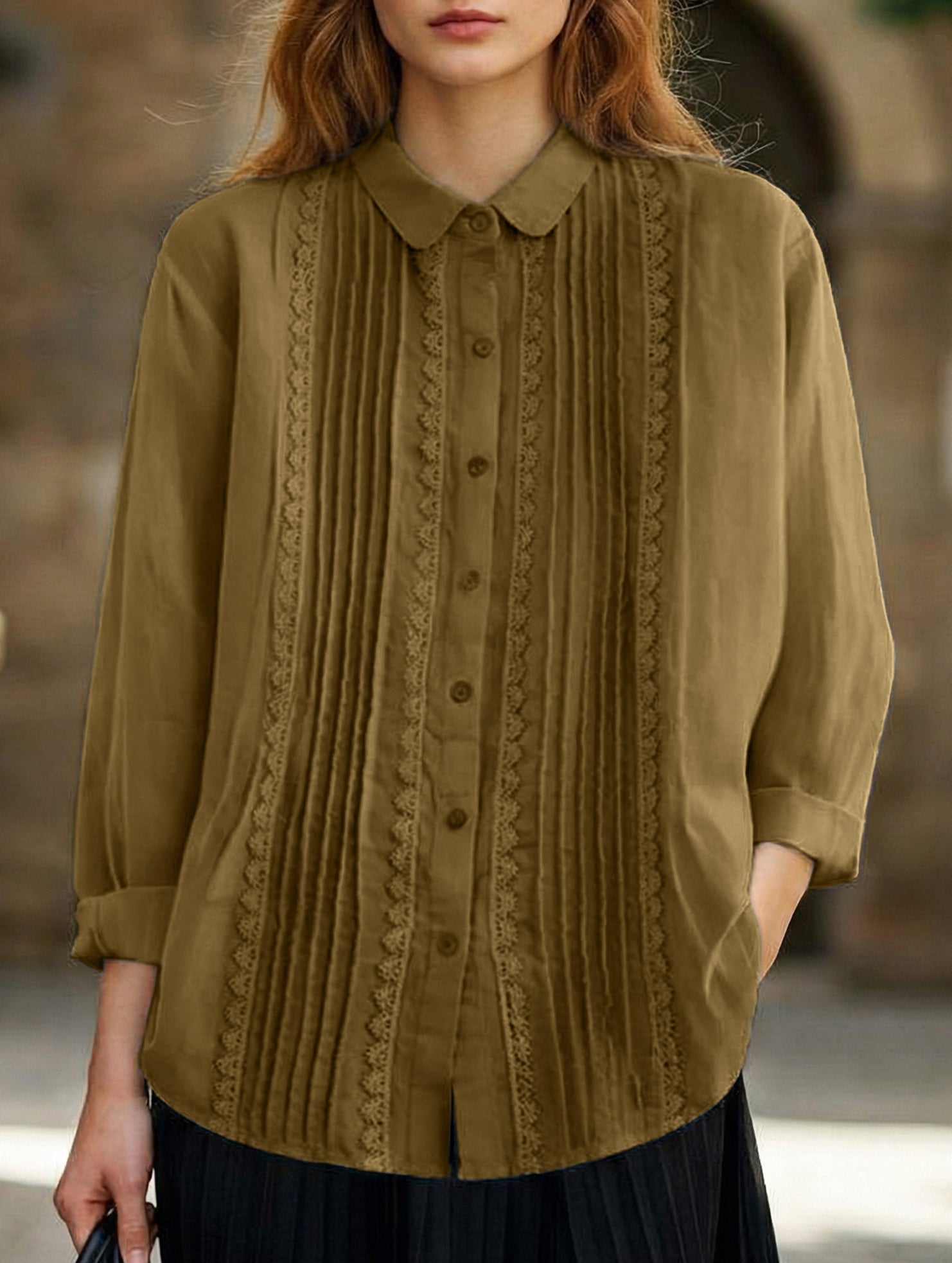 Literary style loose lace-trimmed shirt for women