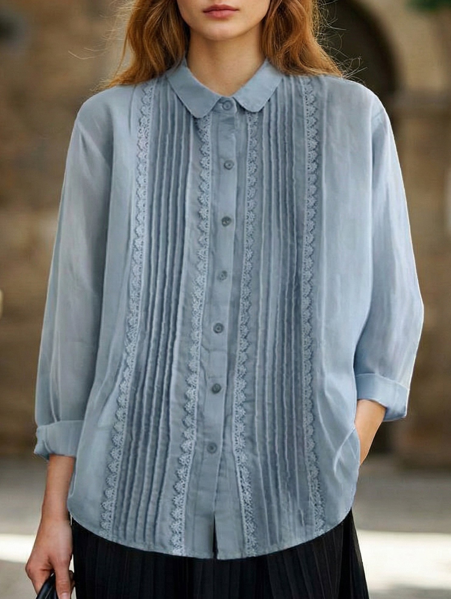 Literary style loose lace-trimmed shirt for women
