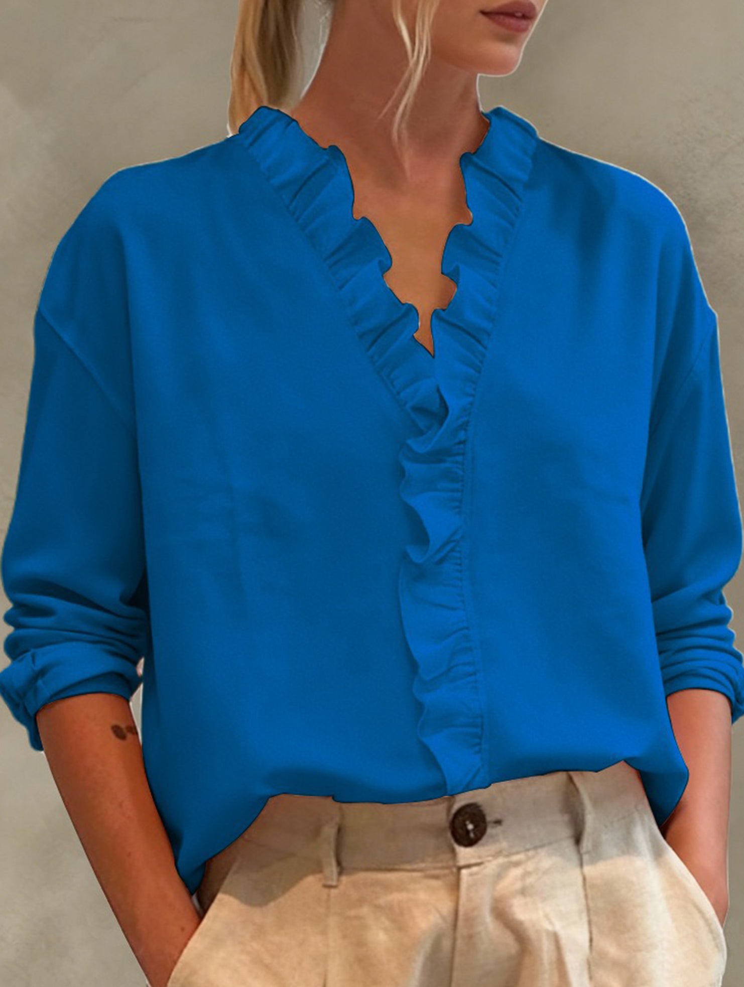 Ruffle V Neck Long Sleeve Blouse