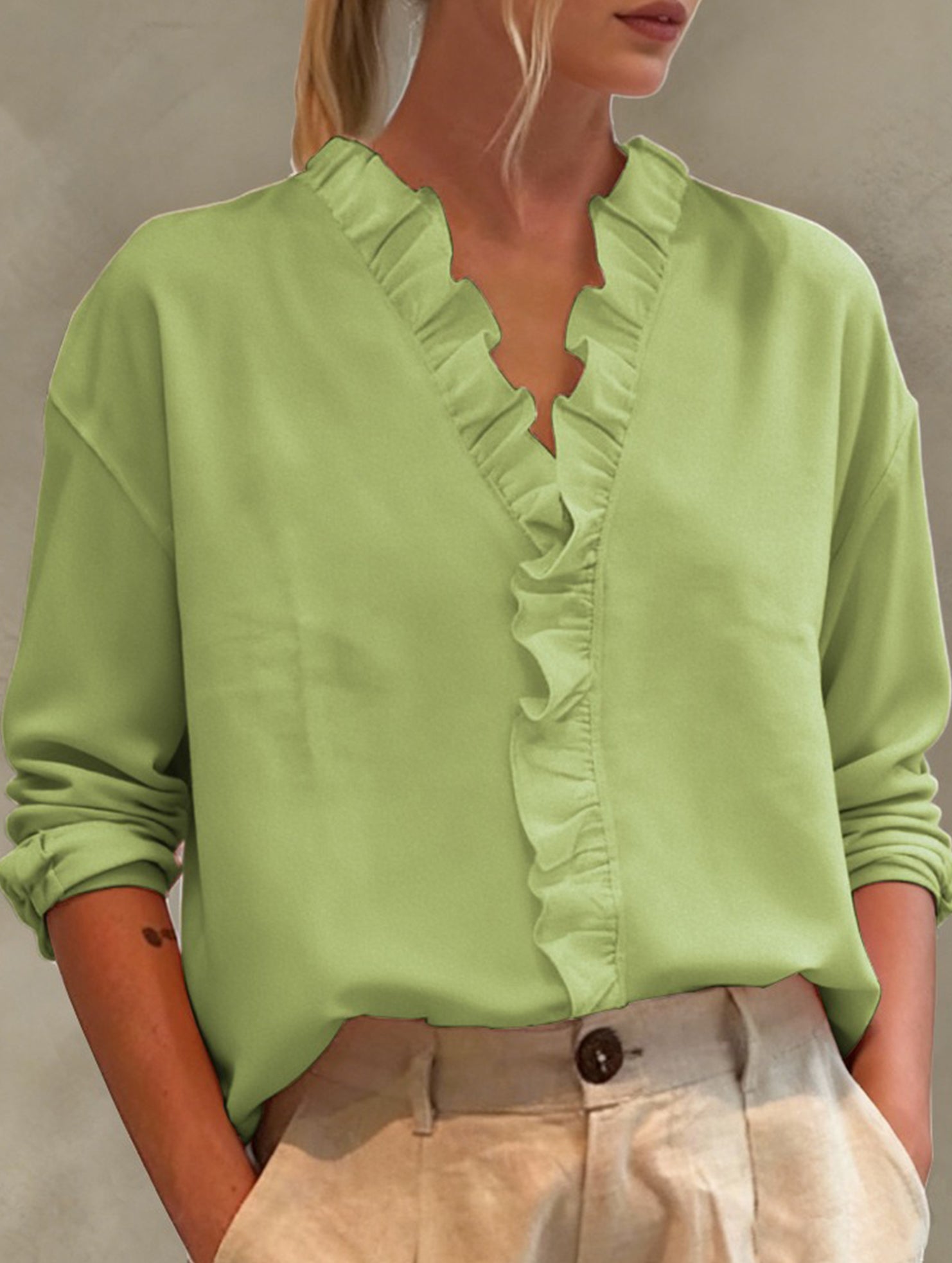Ruffle V Neck Long Sleeve Blouse