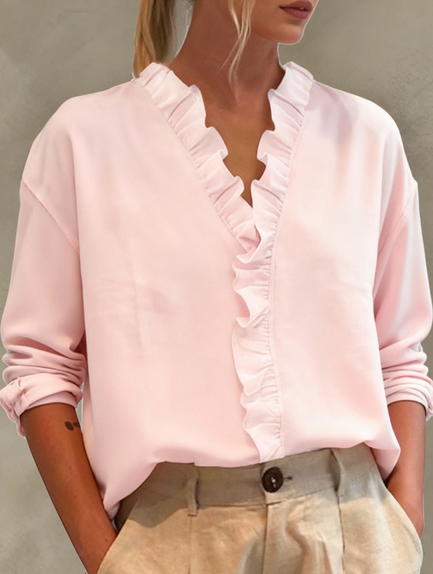 Ruffle V Neck Long Sleeve Blouse