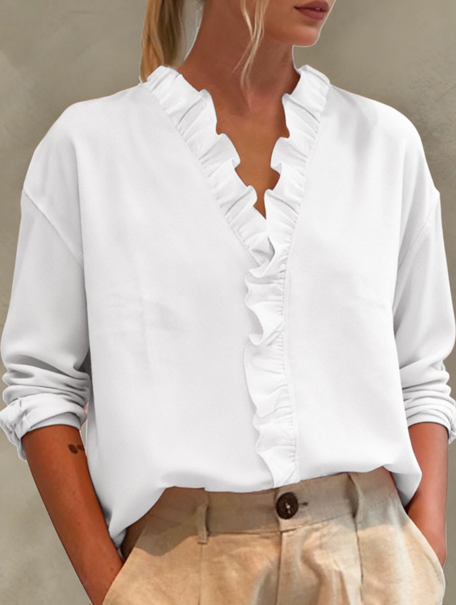 Ruffle V Neck Long Sleeve Blouse
