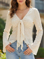 Lace-up sexy bell sleeve lace top for women