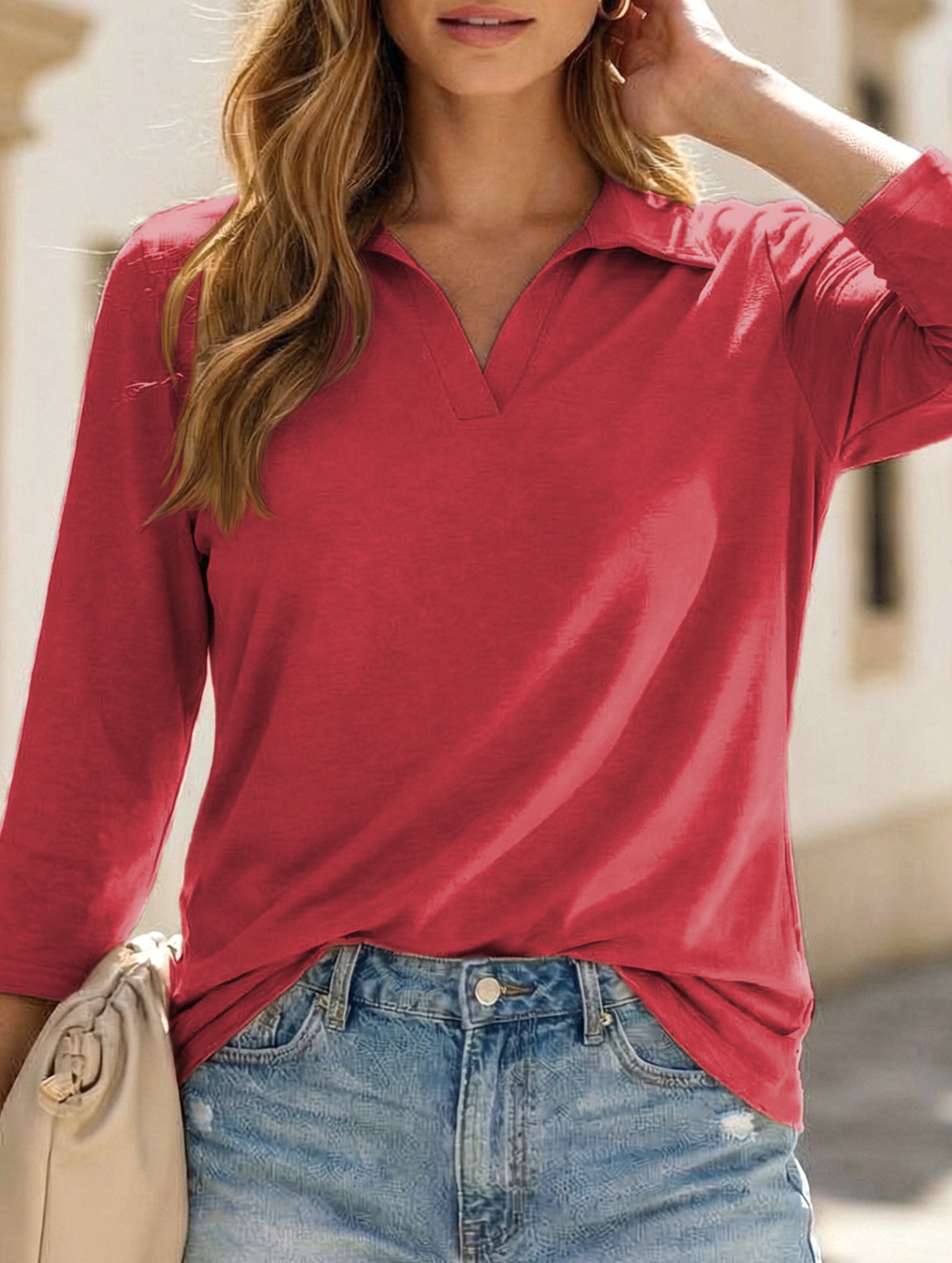 Women's Polo Shirt V-neck Mid-sleeve T-shirt