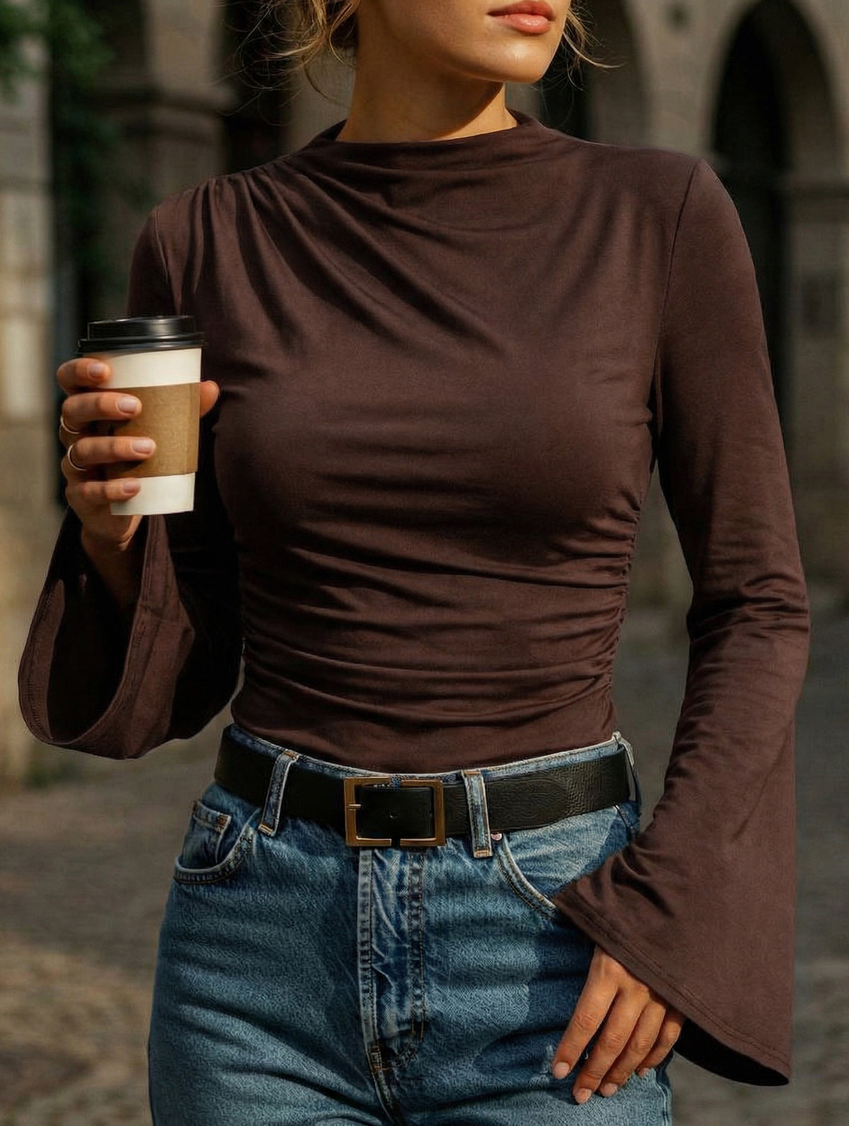 Square neck, fitted, bell sleeve top for women