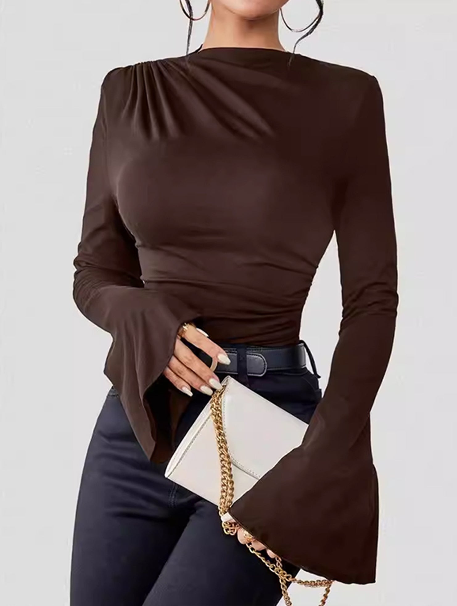 Square neck, fitted, bell sleeve top for women