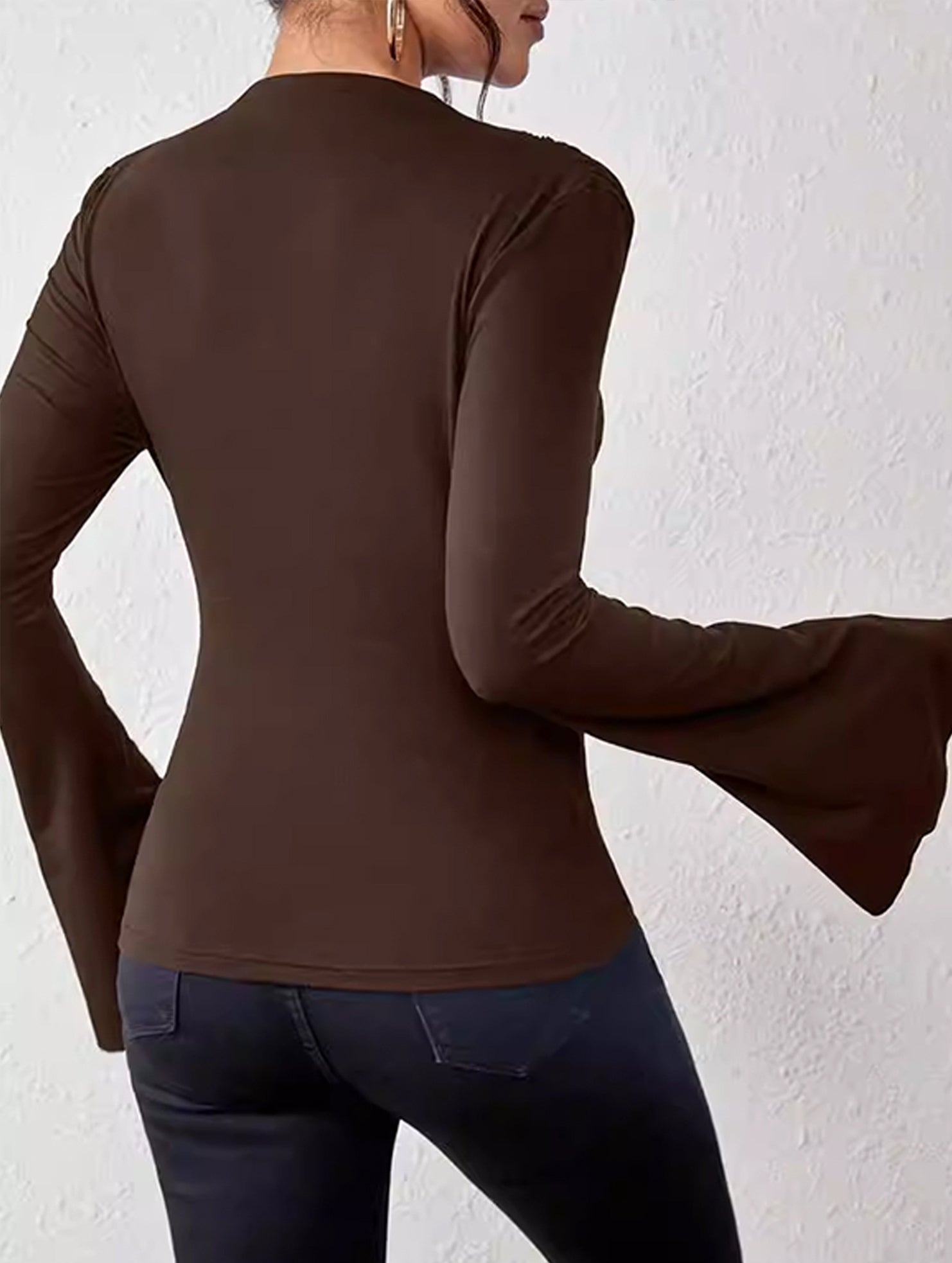 Square neck, fitted, bell sleeve top for women