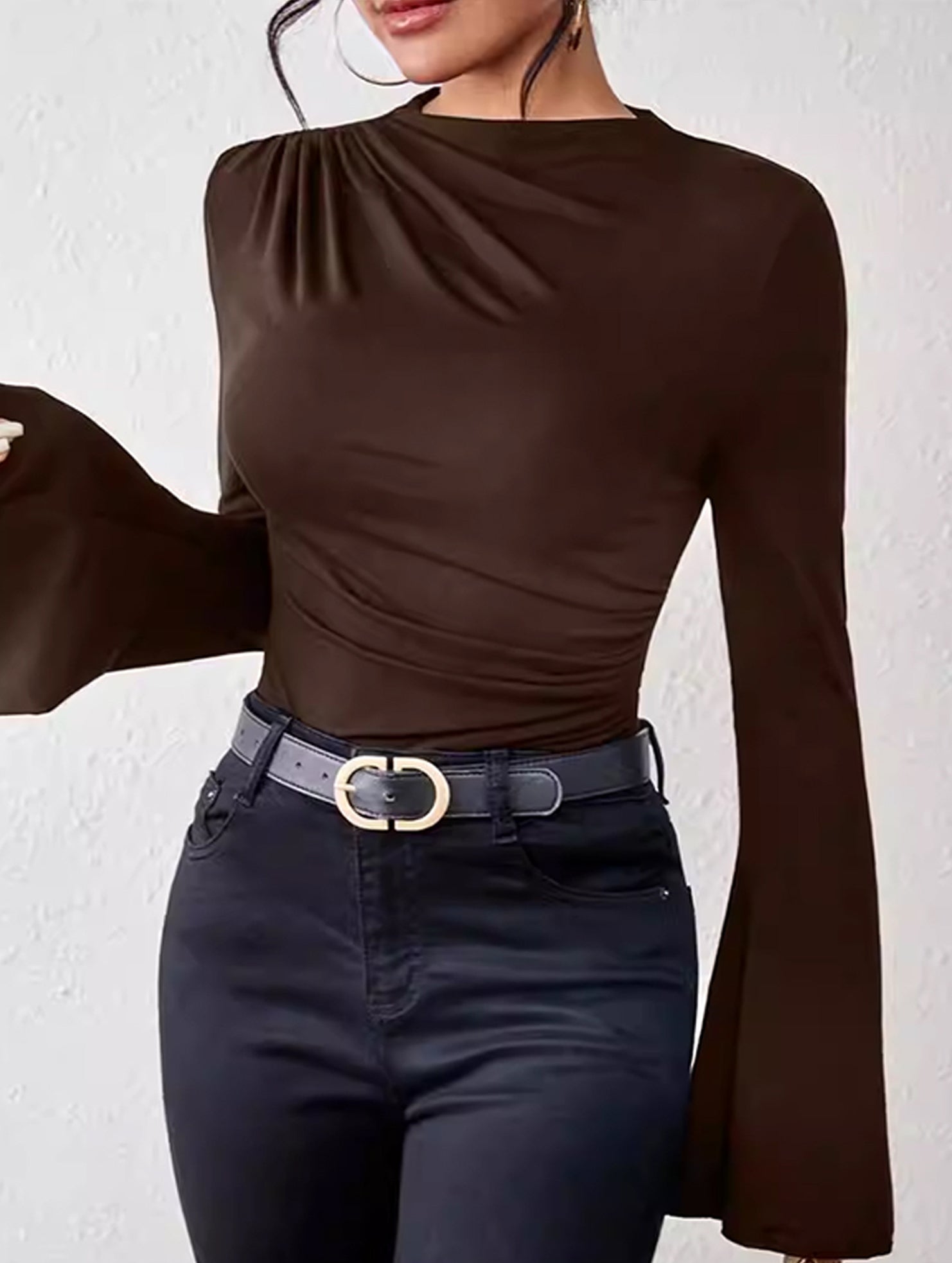 Square neck, fitted, bell sleeve top for women