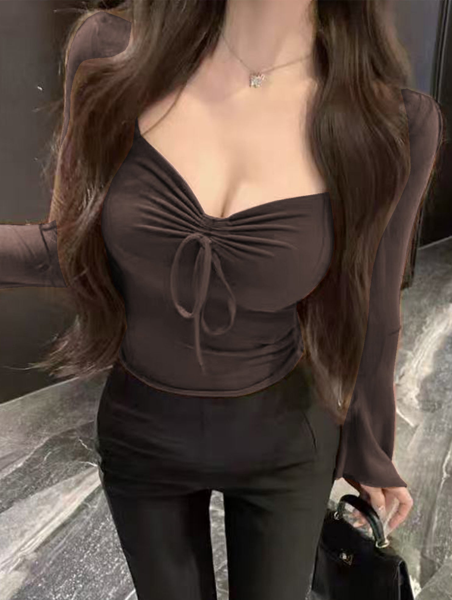 Square neck, fitted, bell sleeve top for women