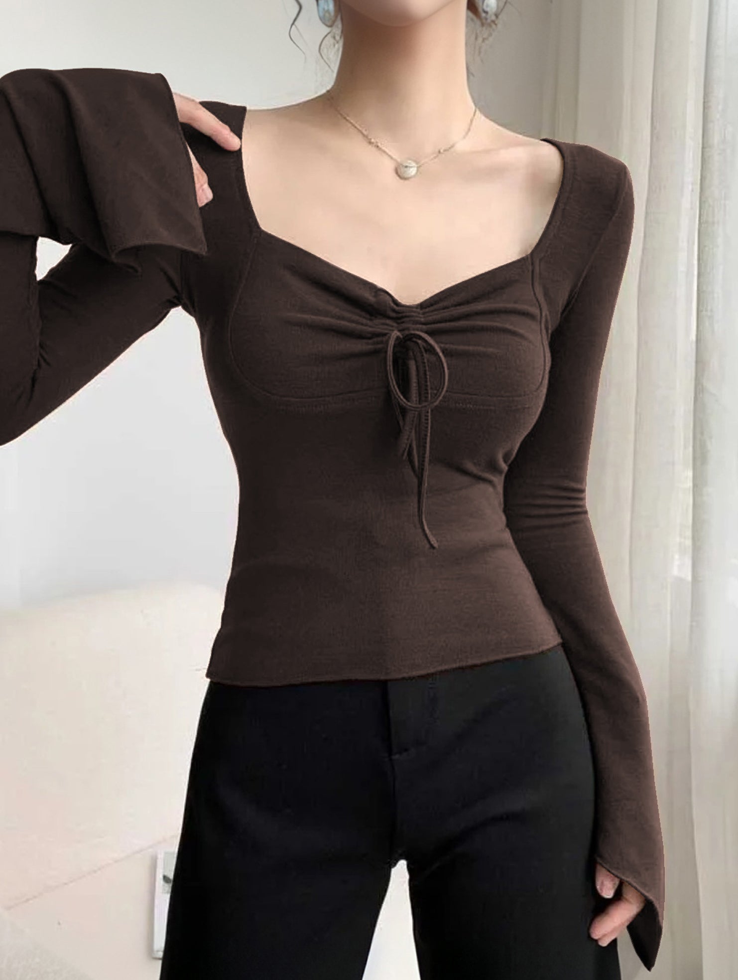 Square neck, fitted, bell sleeve top for women