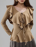 Ruffled V-neck slimming long-sleeved top for women