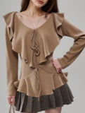 Ruffled V-neck slimming long-sleeved top for women