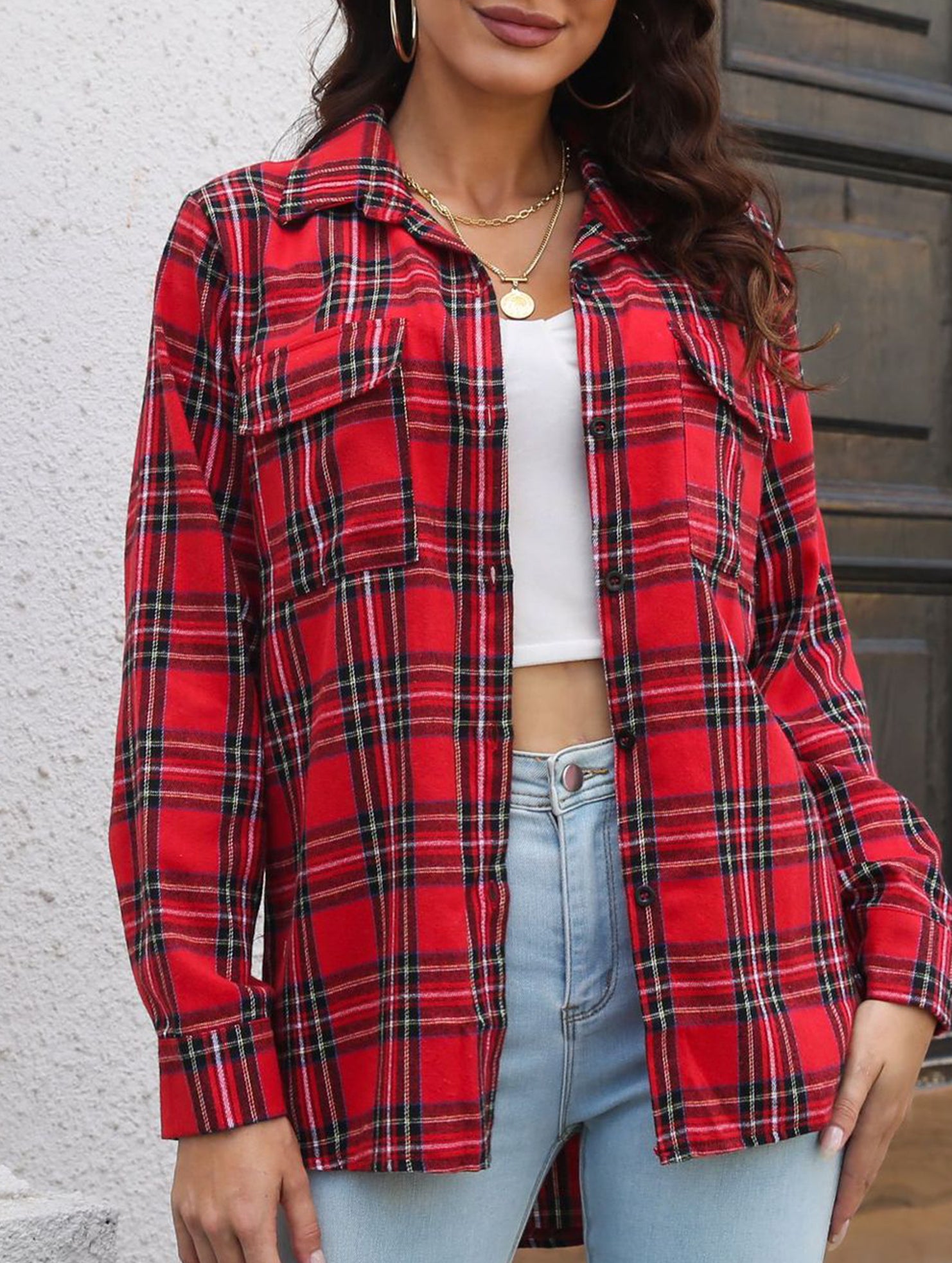 Plaid brushed loose-fitting shirt for women_CWTSTL01356