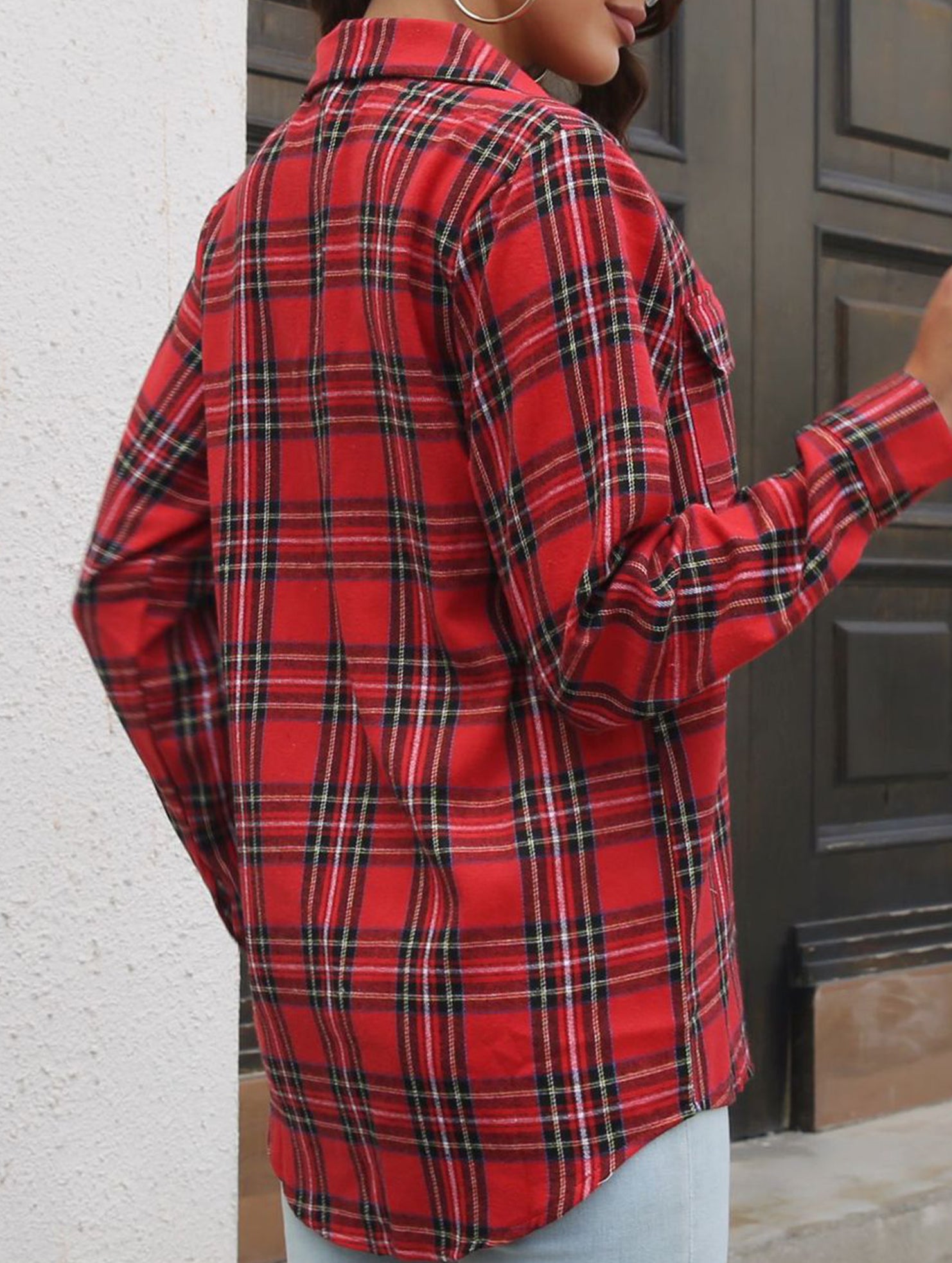 Plaid brushed loose-fitting shirt for women_CWTSTL01356