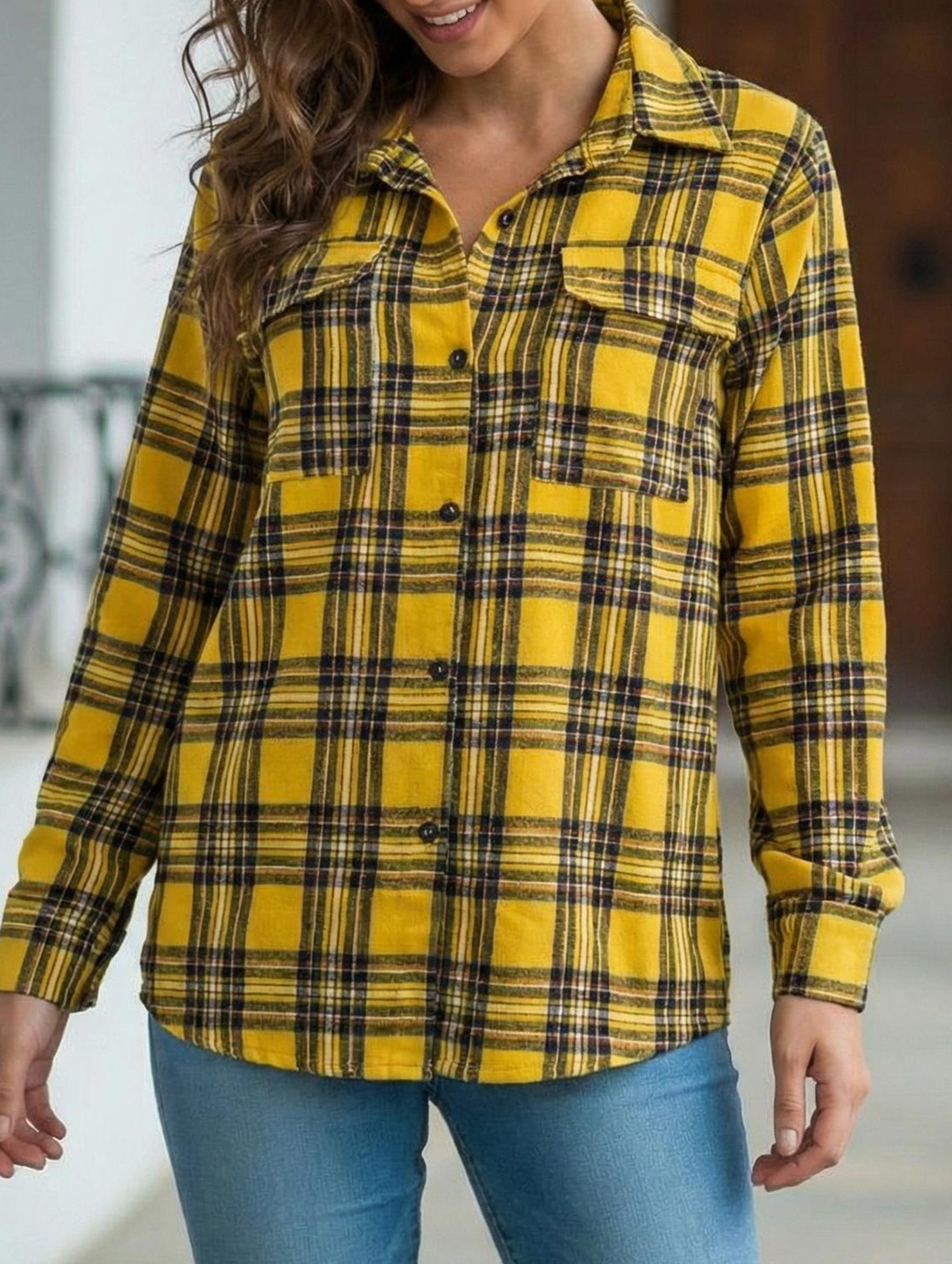Plaid brushed loose-fitting shirt for women_CWTSTL01356